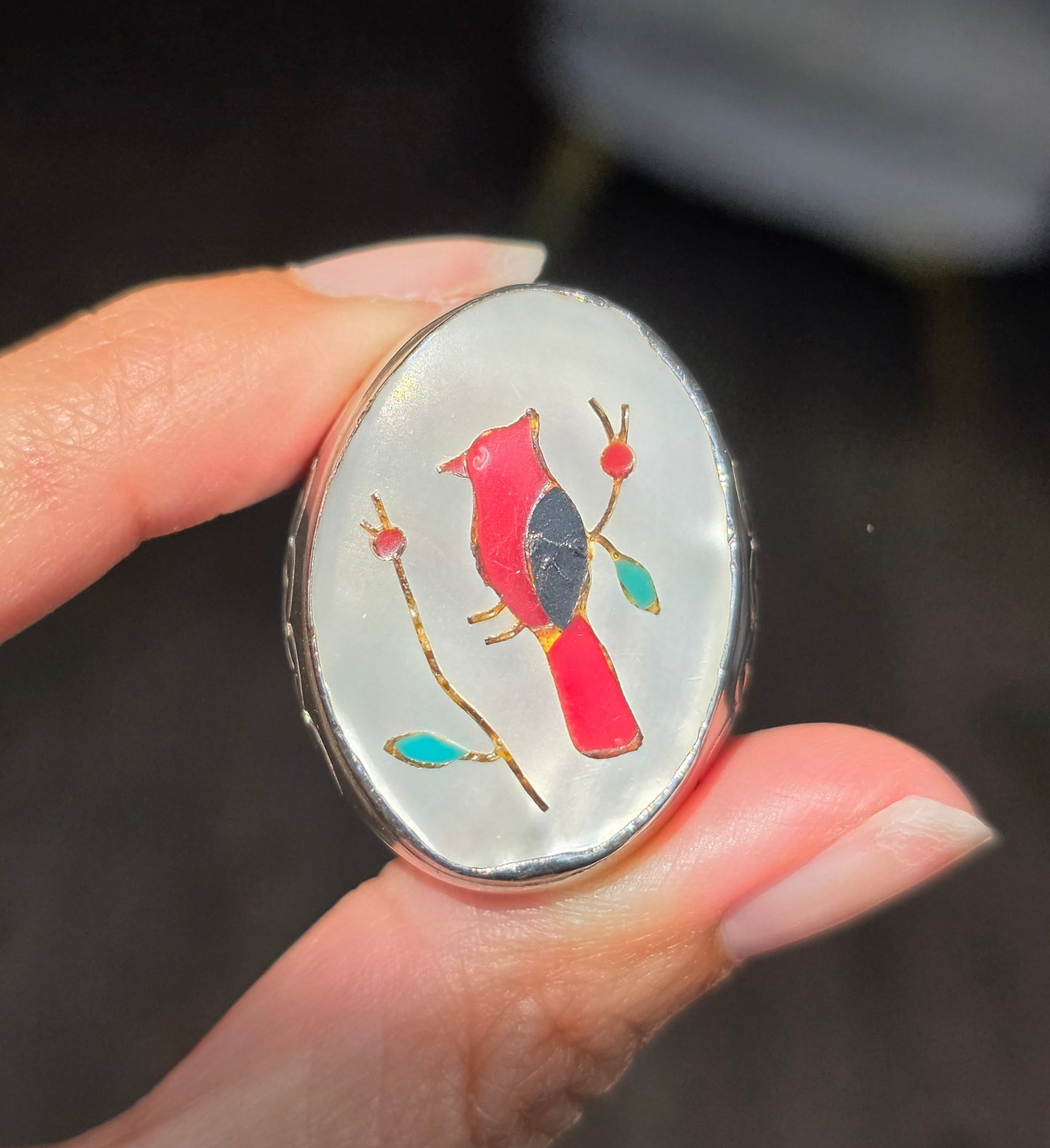 Amazing Solid Sterling Silver Heavy 1 OZ+ Gemstone Inlay Southwestern Style Bird Oval Signet Statement Ring Size 10.5
