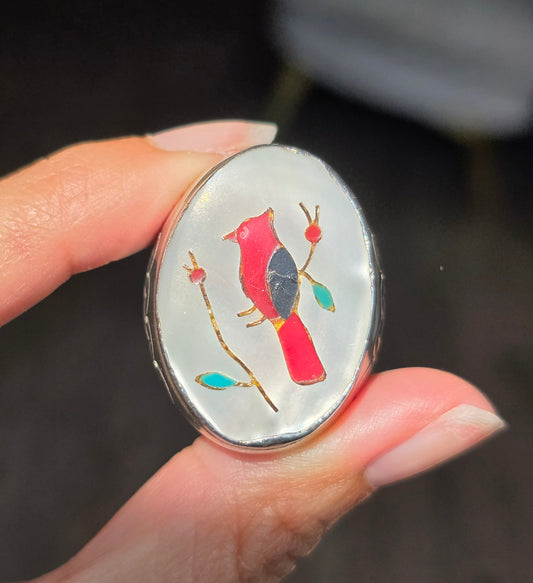 Amazing Solid Sterling Silver Heavy 1 OZ+ Gemstone Inlay Southwestern Style Bird Oval Signet Statement Ring Size 10.5