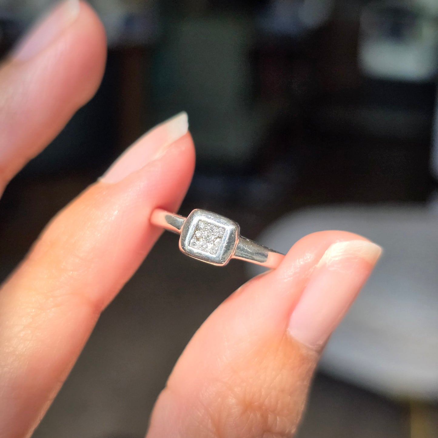 Adorable Sterling Silver Diamond Square Signet Ring Size 5