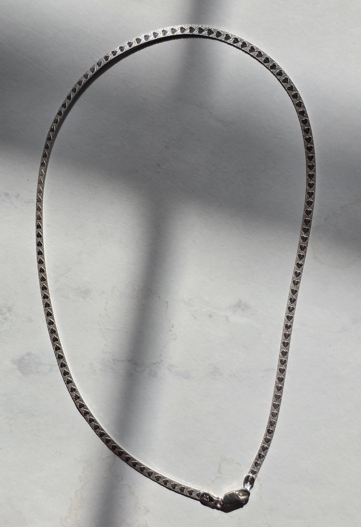 Italian Made Sterling Silver Double Sided Flat Herringbone Hearts Necklace 18"