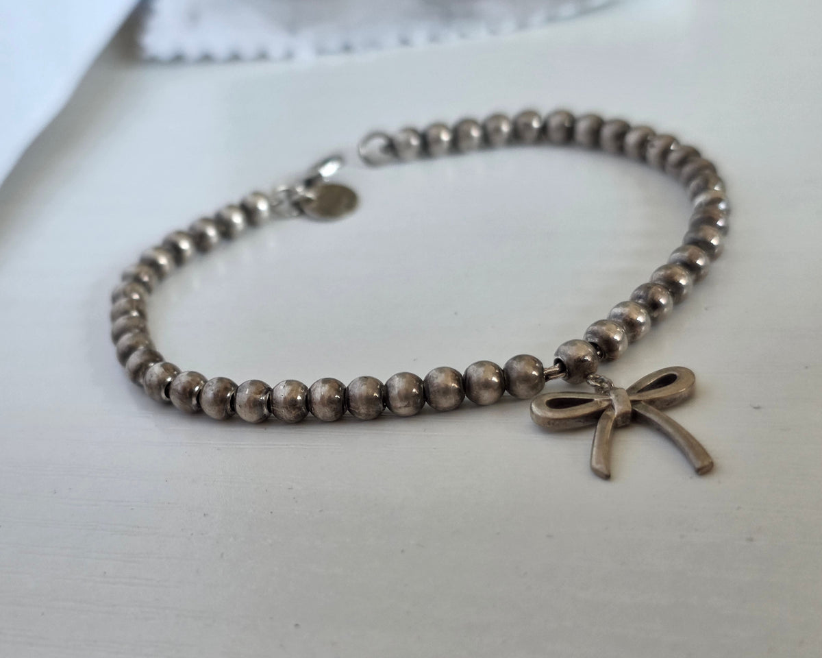 Vintage 925 Sterling Silver Tiffany&Co Bow Dangle Beaded Bracelet 6.25"