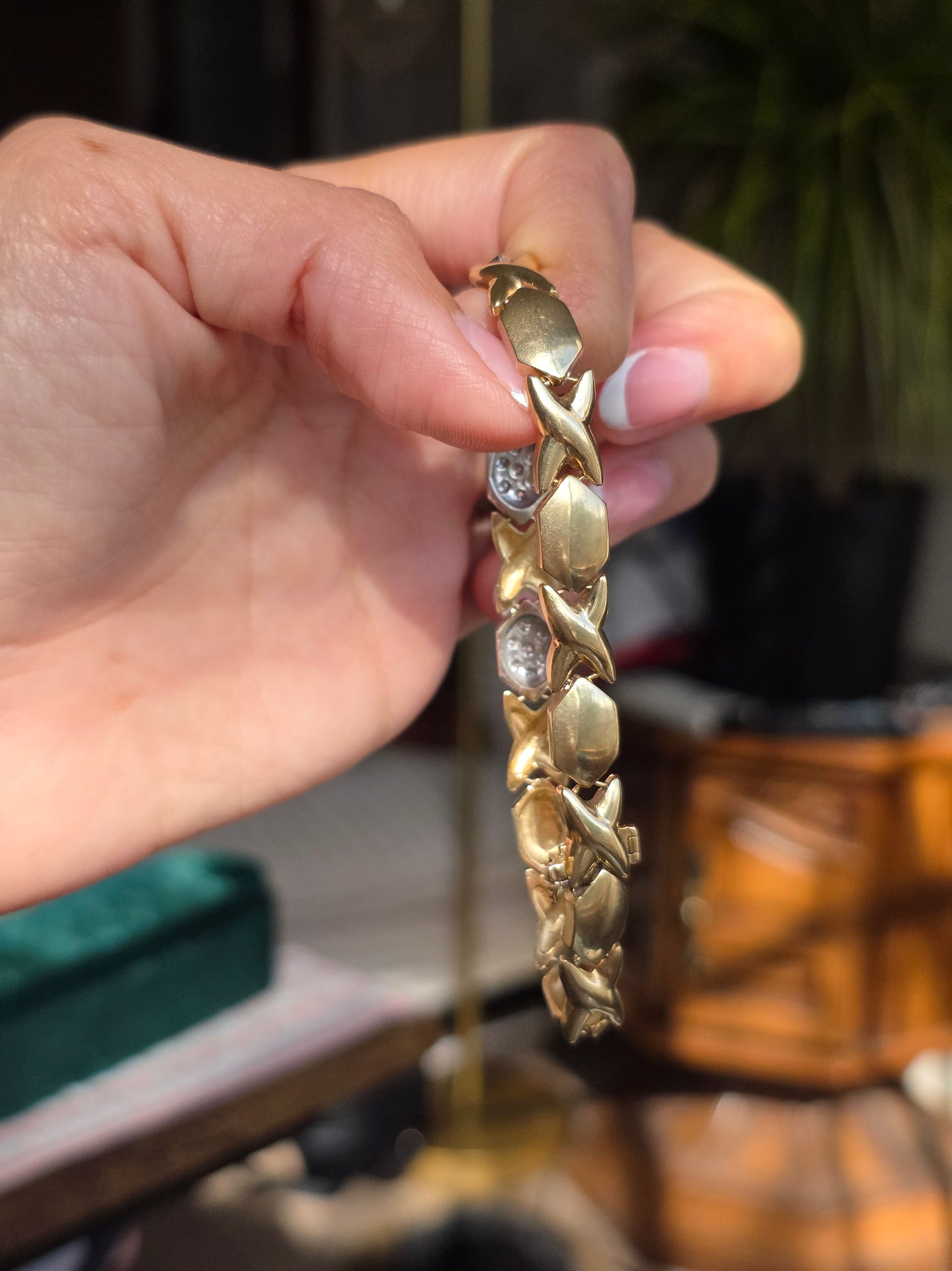 Amazing Two Toned 14k X Link Elongated Hexagon White Gold and Diamond Bracelet 7.5"