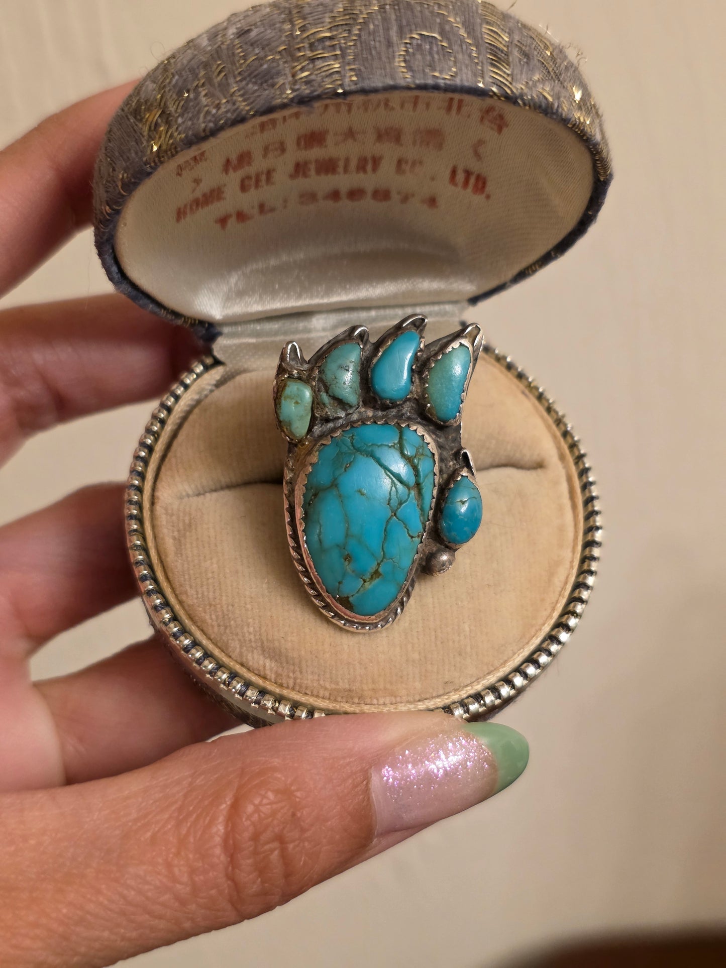 Vintage Signed MAJ Native American Turquoise Bear Claw/Paw Print Sterling Silver Solid Statement Ring Size 5