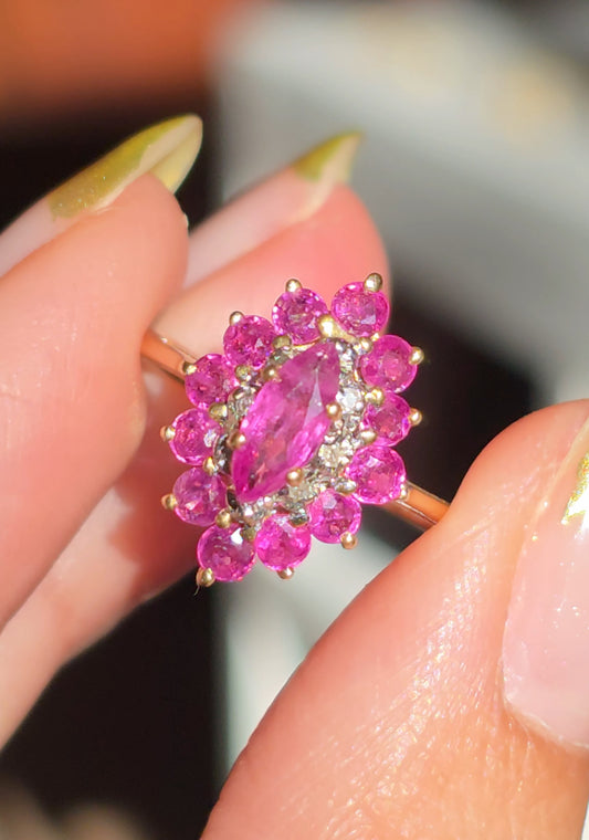 Beautiful 14k Gold Marquise Cut Ruby & Diamond Cluster Statement Ring Size 6
