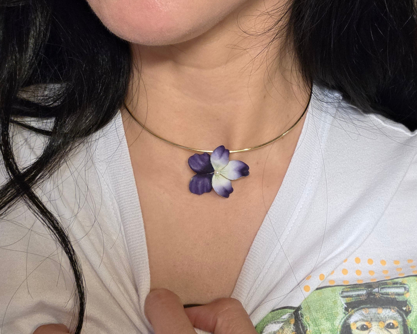 Gorgeous Violet & White Enamel 14k Gold Pearl Flower Slider Pendant (NO CHAIN)