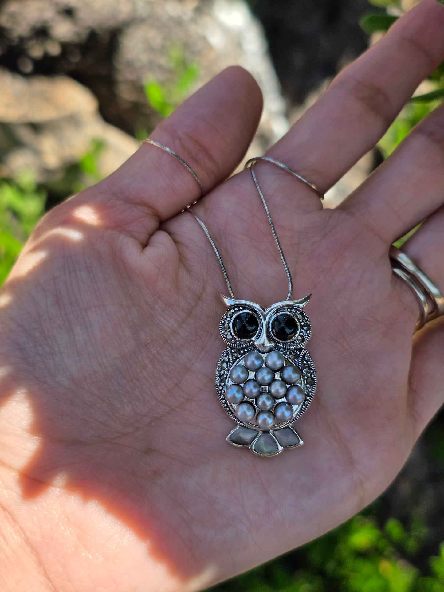 Awesome Solid Sterling Silver Large 1.3" Onyx Pearl Marcasite and Mother of Pearl Inlay Owl Pendant (NO CHAIN)