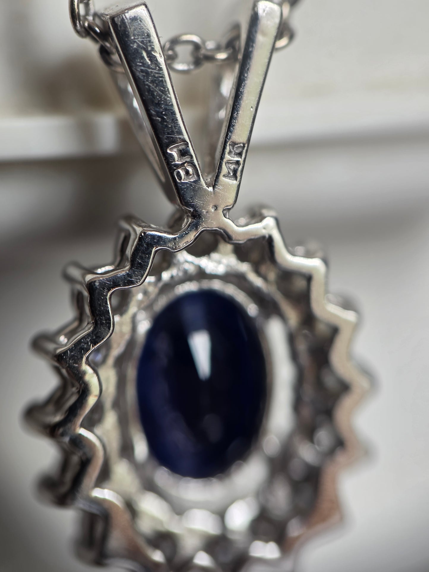 Beautiful 14k White Gold 2.44TCW Dark Blue Sapphire and Diamond Halo Pendant Necklace With 16" Cable Chain