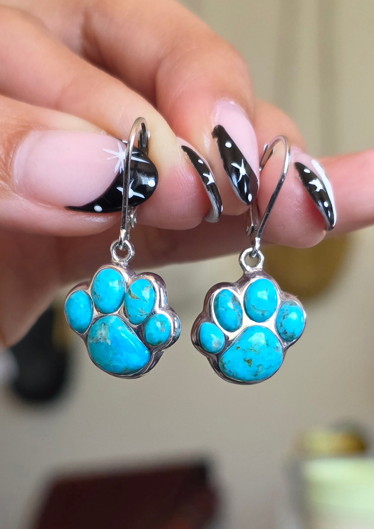 Sterling Silver Turquoise Paw Print Drop Earrings Leverbacks
