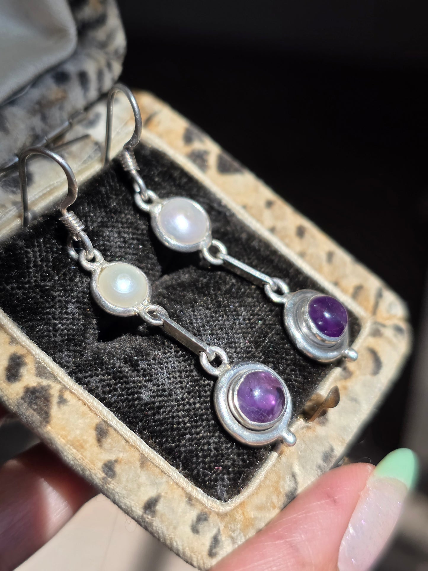 Sterling Silver Amethyst and Pearl Dangle Statement Earrings Earrings