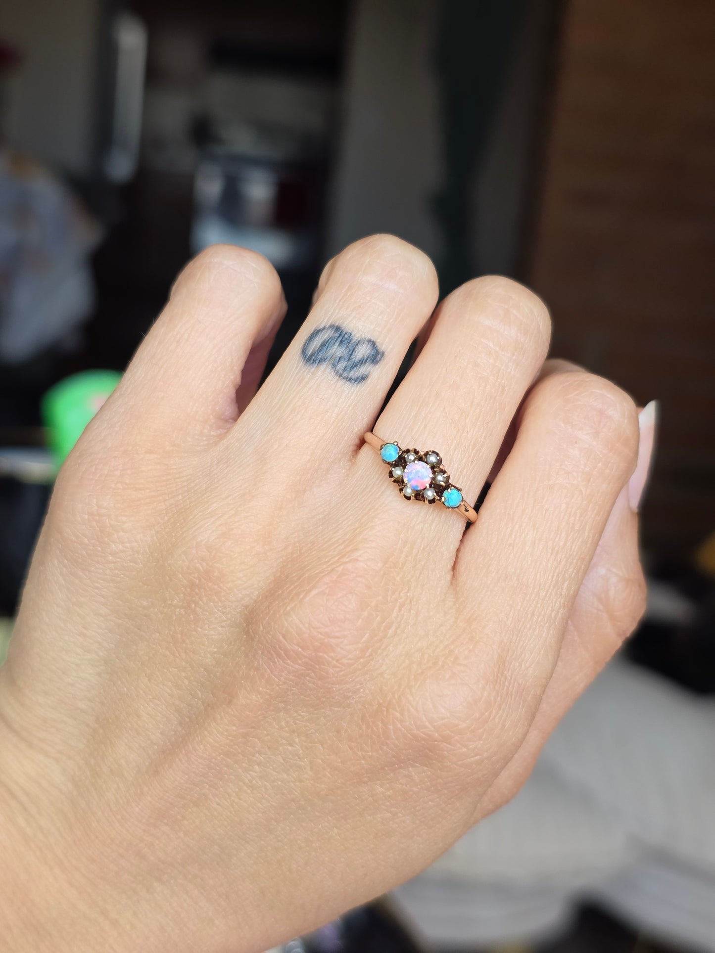 Beautiful Vintage 10k Rose Gold Opal and Seed Pearl Ring Size 6