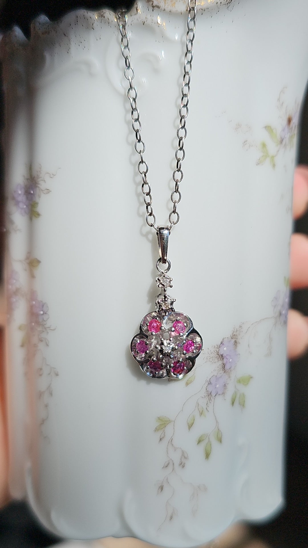 Beautiful Vintage White Gold Pink Sapphire & Diamond Flower Pendant (NO CHAIN)