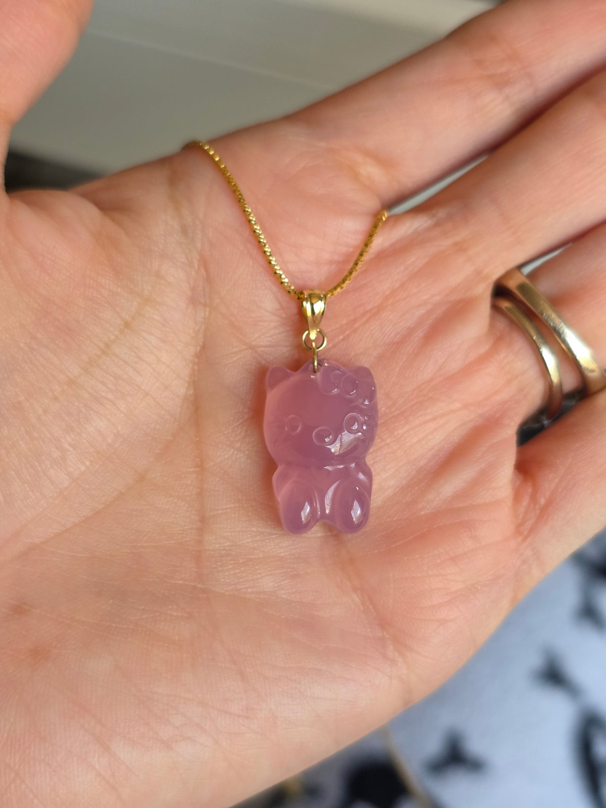 Adorable Carved Purple Jade Hello Kitty Gold Pendant (NO CHAIN)