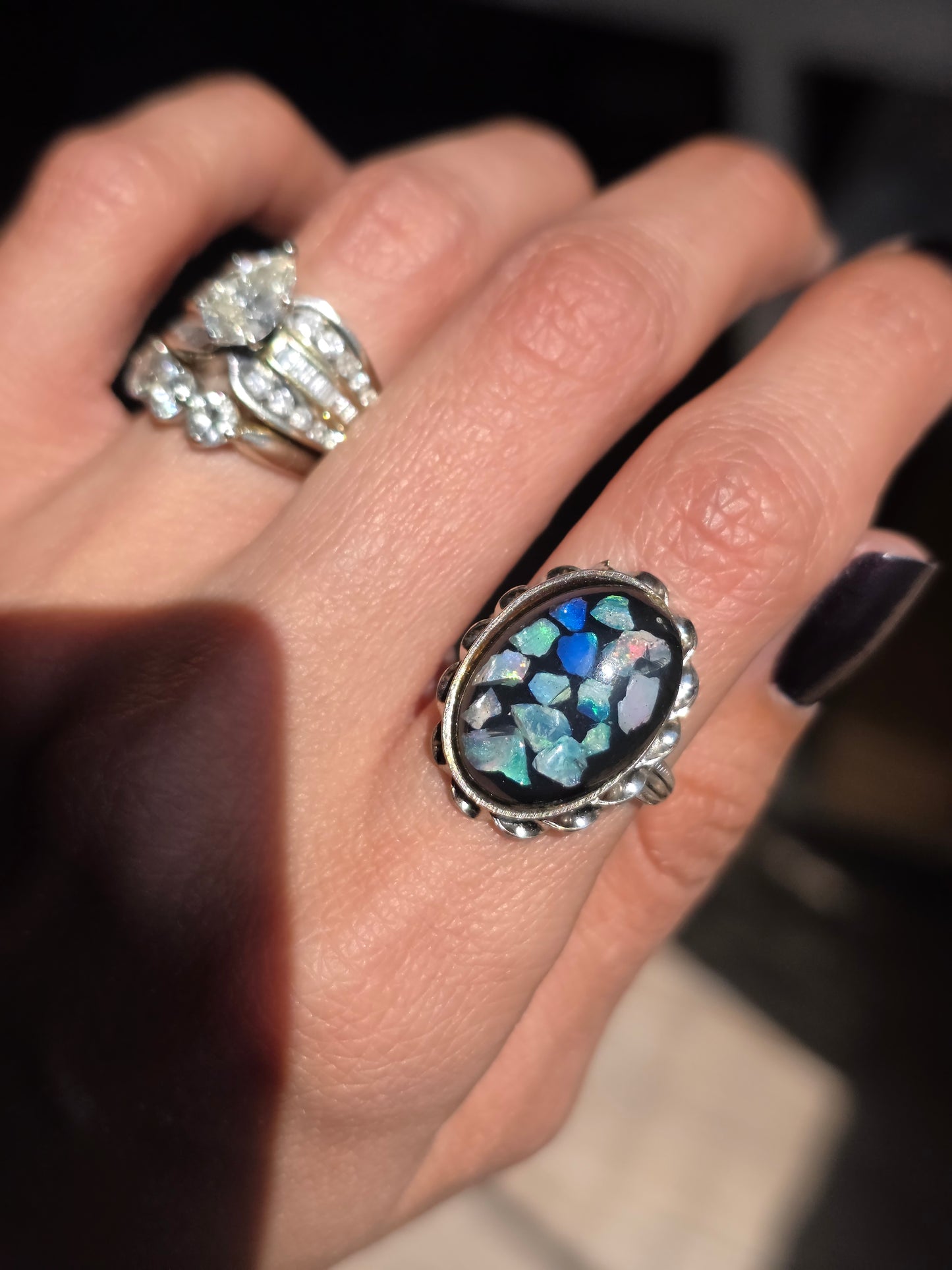 Pretty Sterling Silver Opal Mosaic Oval Statement Ring Size 4.5