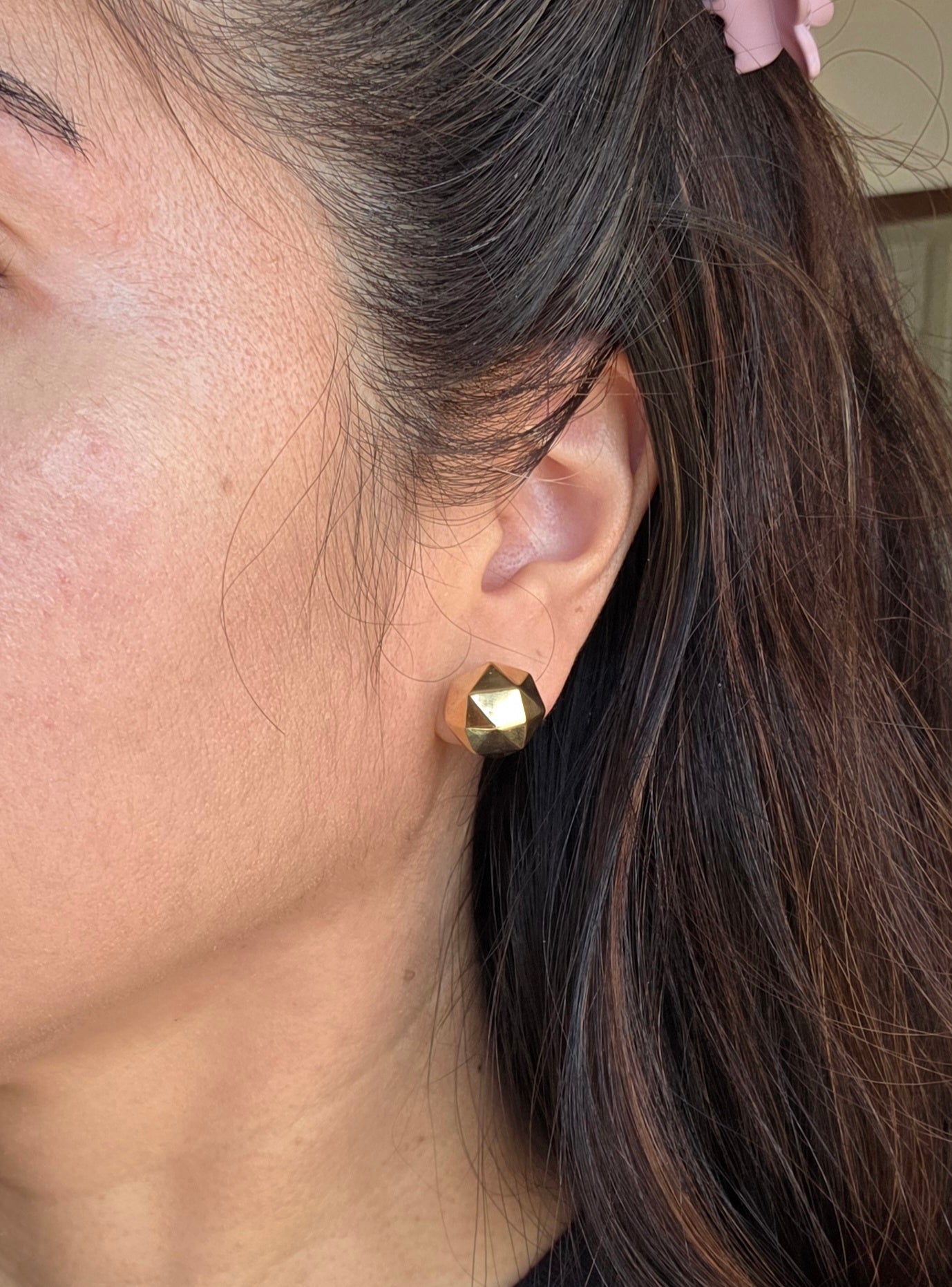 14k Gold Faceted Geometric Sphere Big Bead Modernist Button Statement Earrings