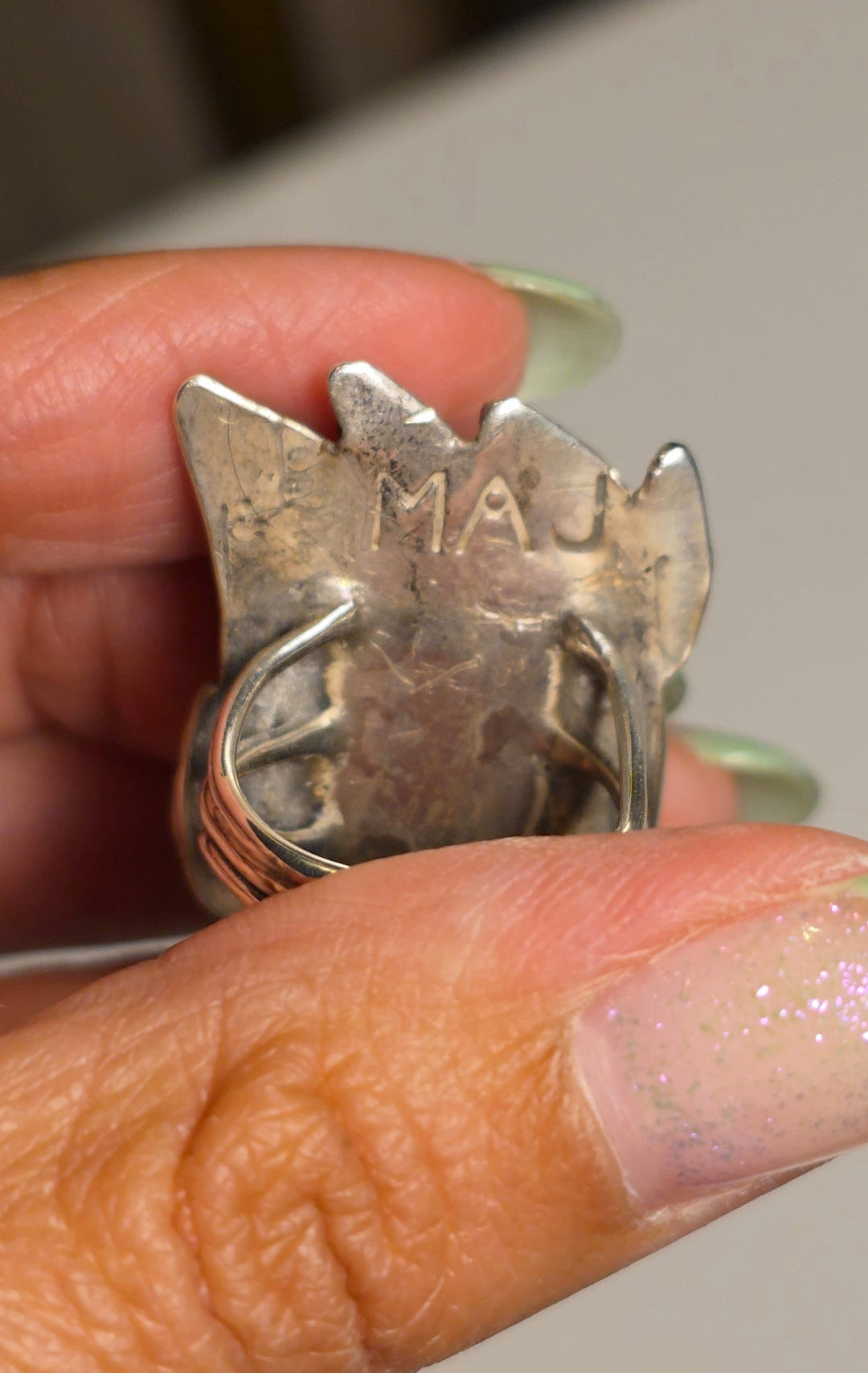 Vintage Signed MAJ Native American Turquoise Bear Claw/Paw Print Sterling Silver Solid Statement Ring Size 5