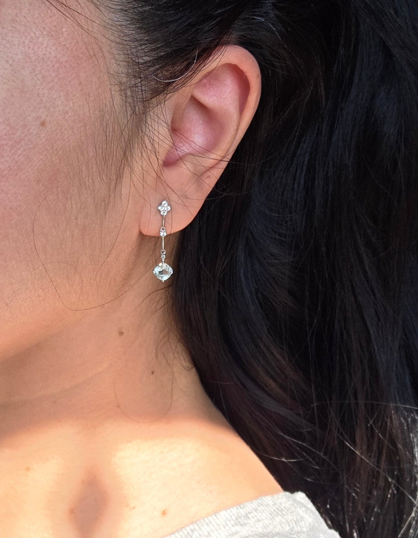 Elegant 14k White Gold Aquamarine & White Topaz Drop Dangle Earrings | March Birthstone