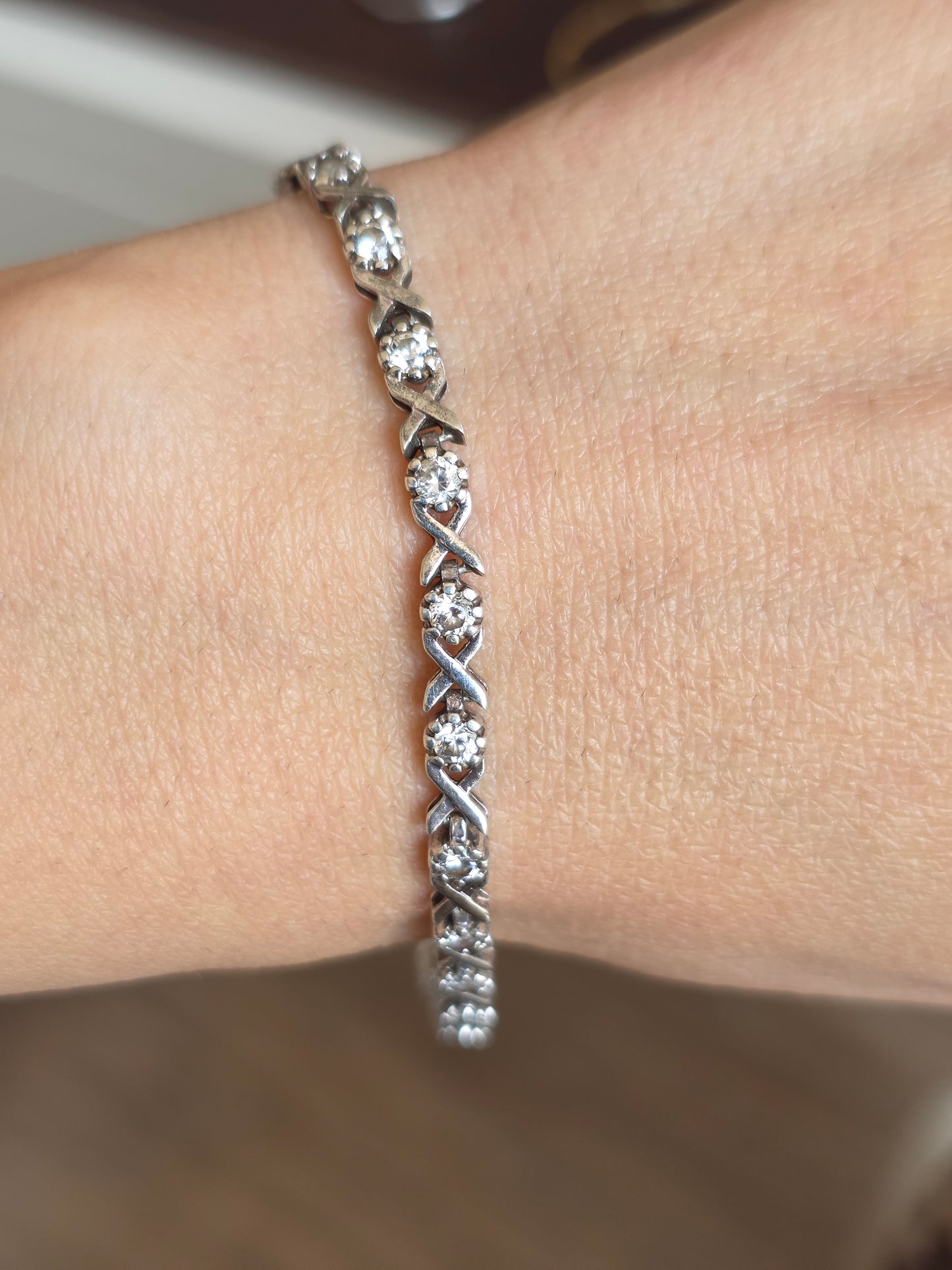 Solid 925 Sterling Silver CZ Stone X Link Tennis Bracelet 7.25"