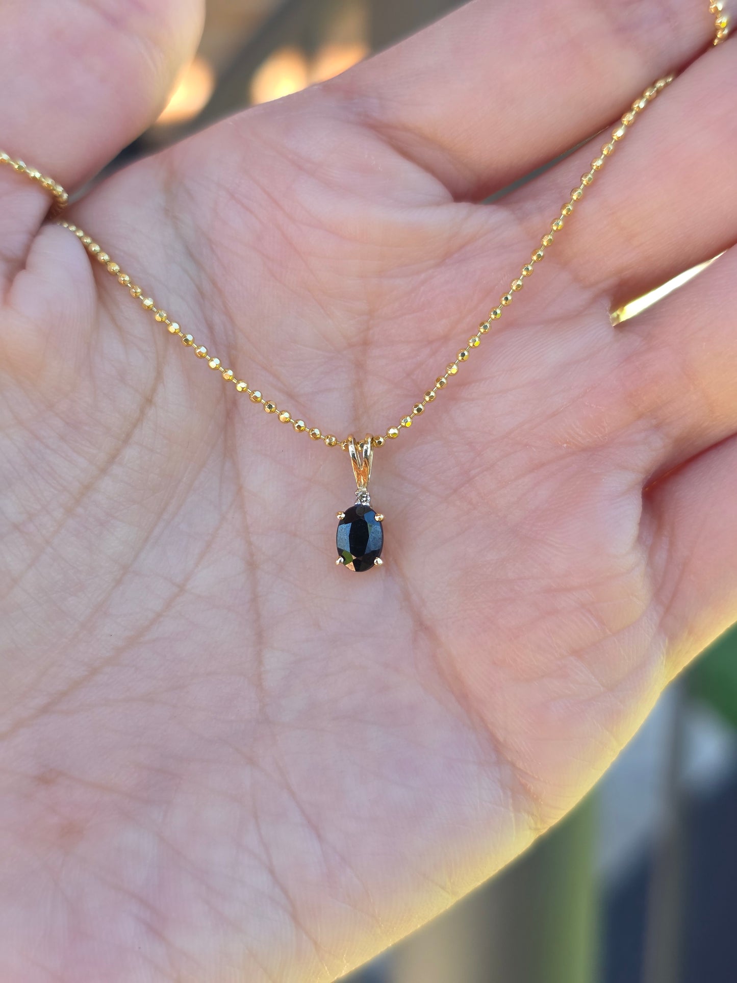 Sweet 14k Gold Oval Dark Blue Gemstone Diamond Accent Dainty Pendant (NO CHAIN)