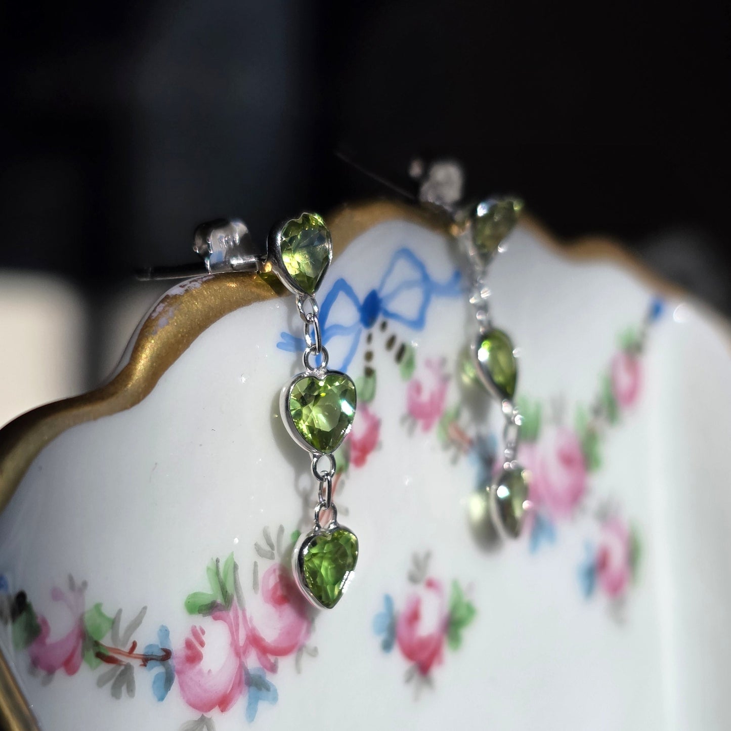 Pretty 14k White Gold Triple Heart Peridot Dangle Earrings August Birthstone