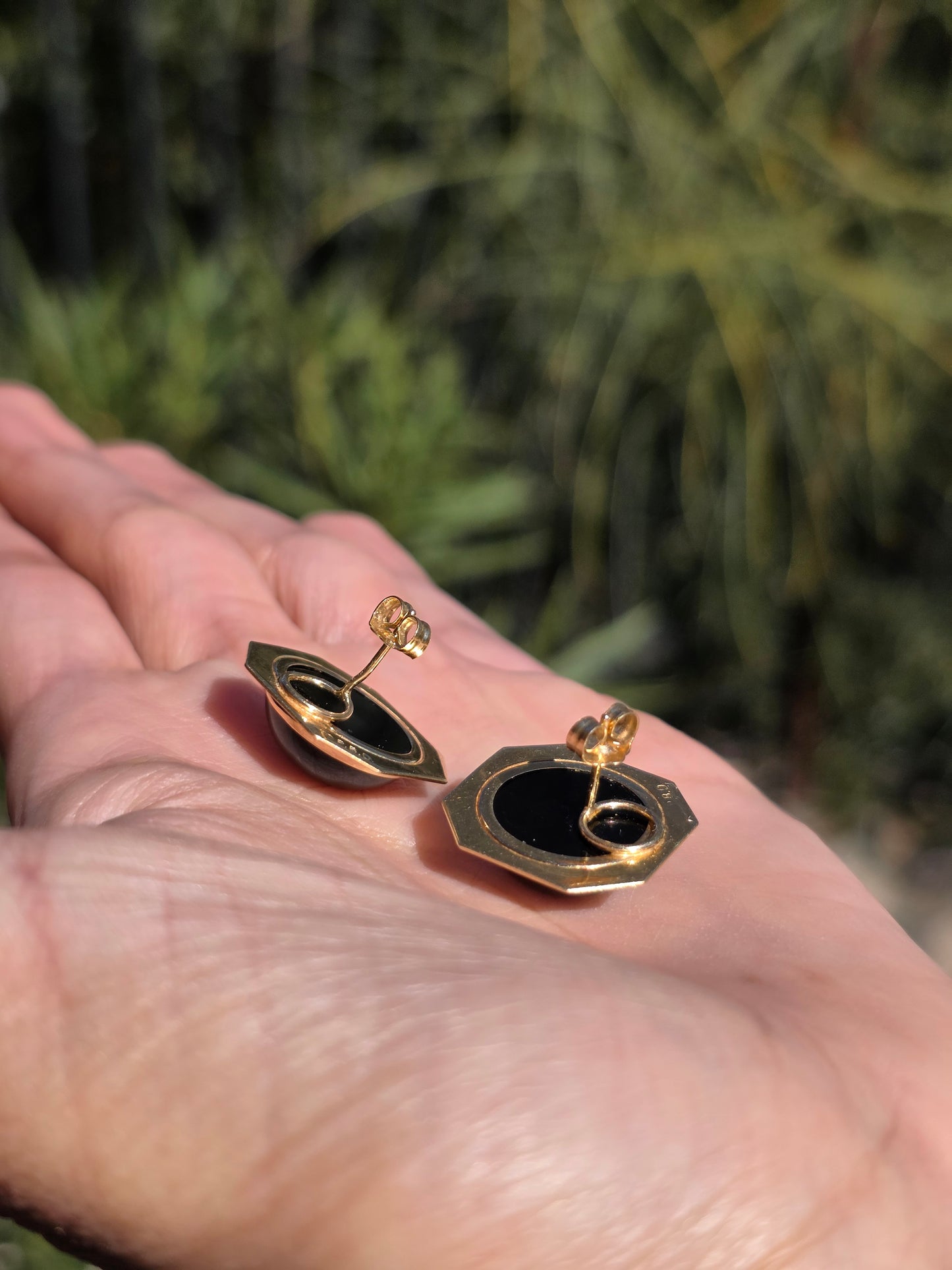 Geometric 14k Gold Onyx Cabochon Statement Button Earrings