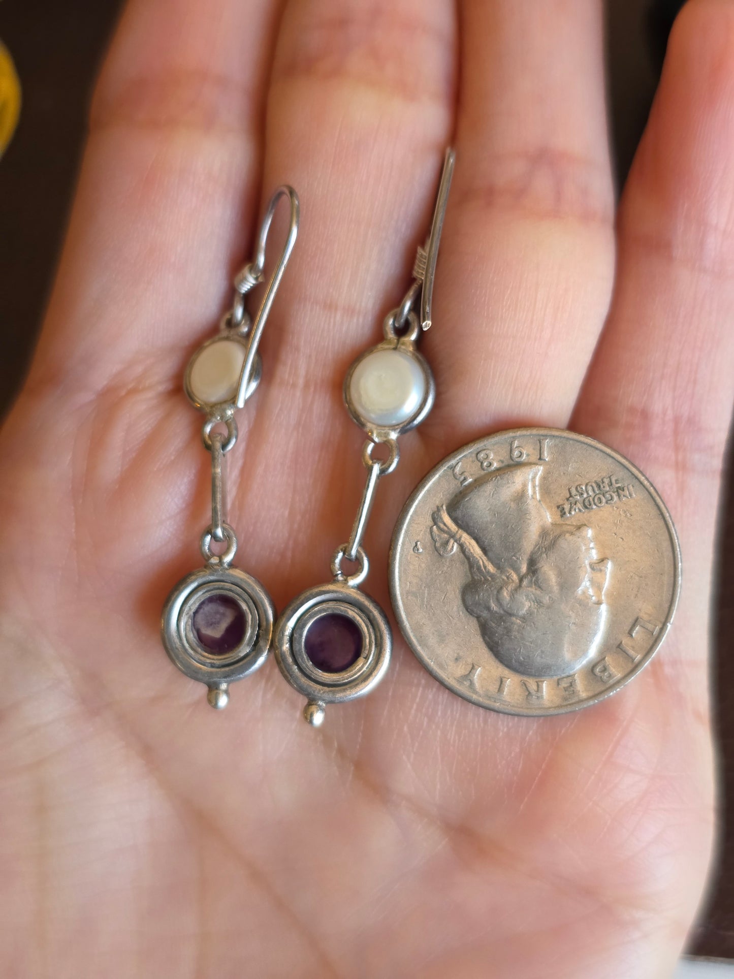 Sterling Silver Amethyst and Pearl Dangle Statement Earrings Earrings