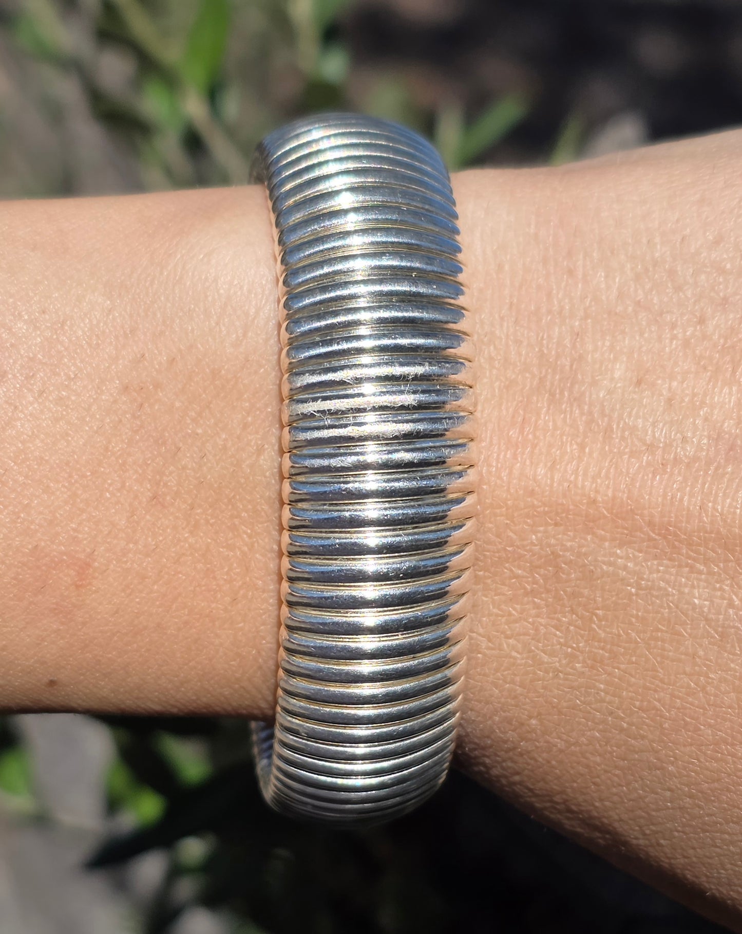 Awesome 80's Solid Sterling Silver Tubogas 16.5mm Wide Stretchy Bracelet 6.5"
