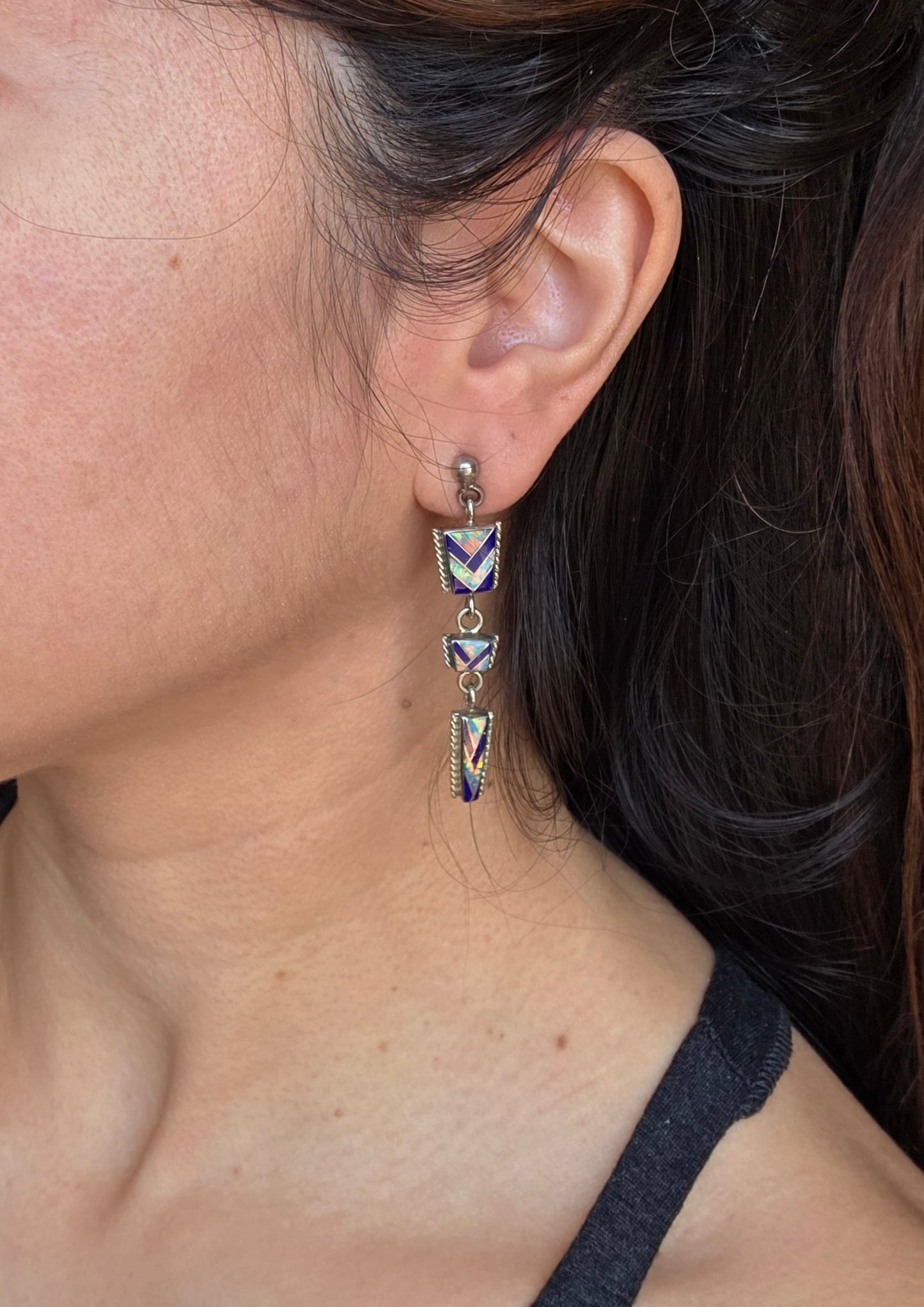 Beautiful Sterling Silver Lapis Lazuli & Opal Inlay Geometric Zuni Dangle Statement Earrings
