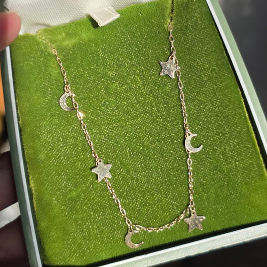 14k Gold Celestial Stars and Moons Dainty Cable Link Lightweight Bracelet 7.25"/7.75" Adjustable Length