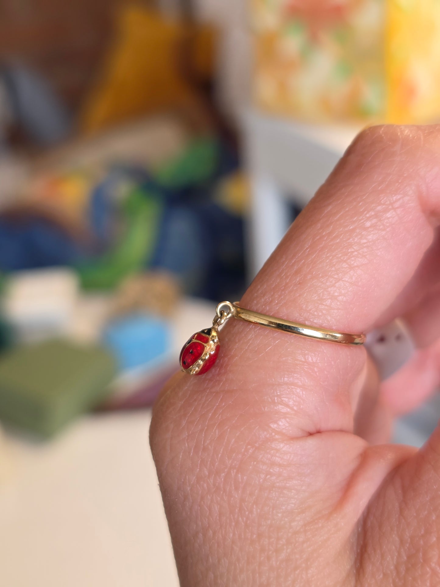 Adorable 10k Gold Italian Made Enamel Ladybug Charm Dangle Ring Size Size 7