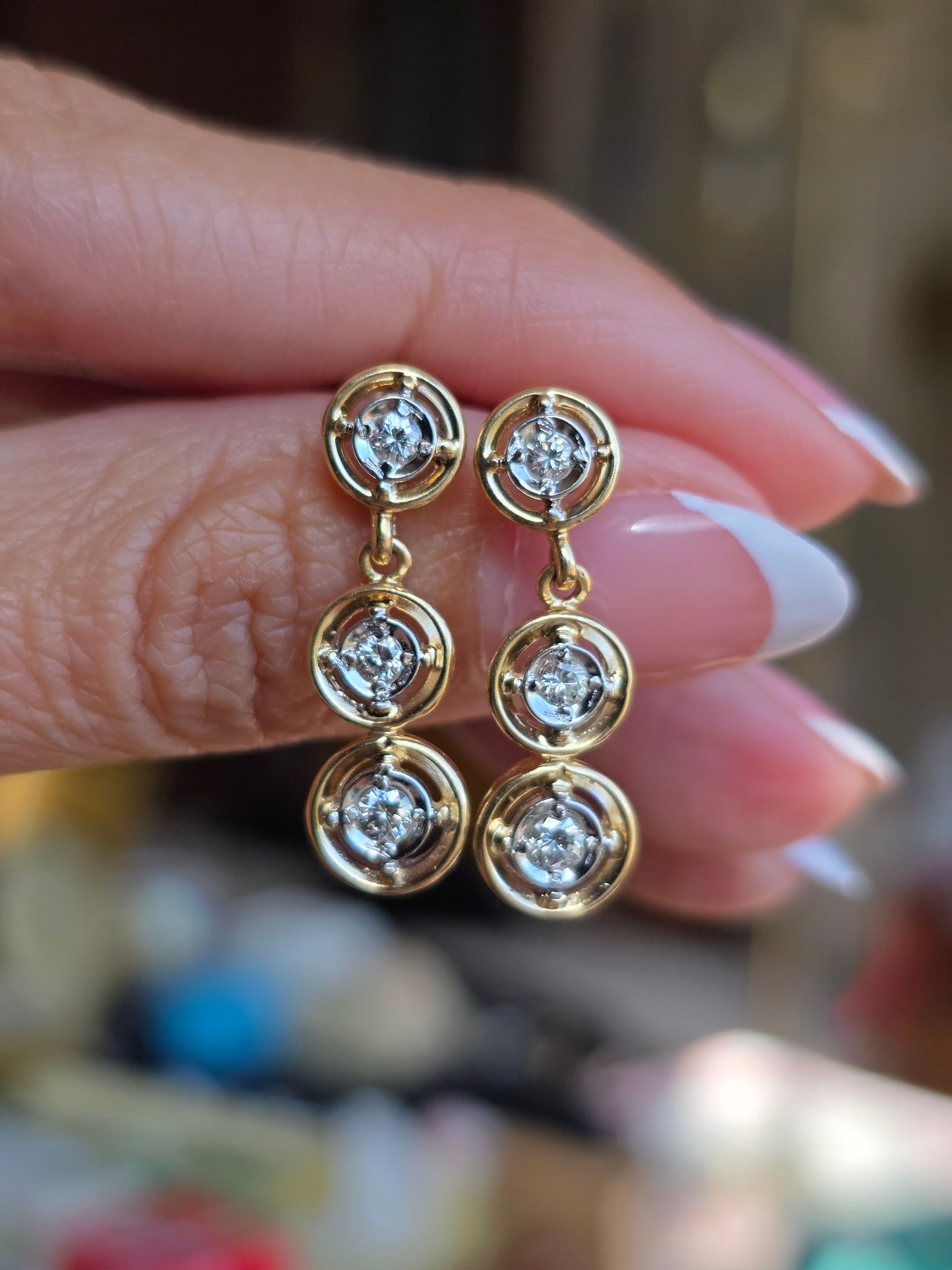 Vintage Inspired 14k Graduated Three Tier Circle Bezel Diamond Drop Dangle Earrings