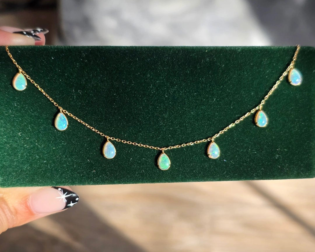 18k Golden Drops Of Fire Opal Dangle Delicate Necklace 15"