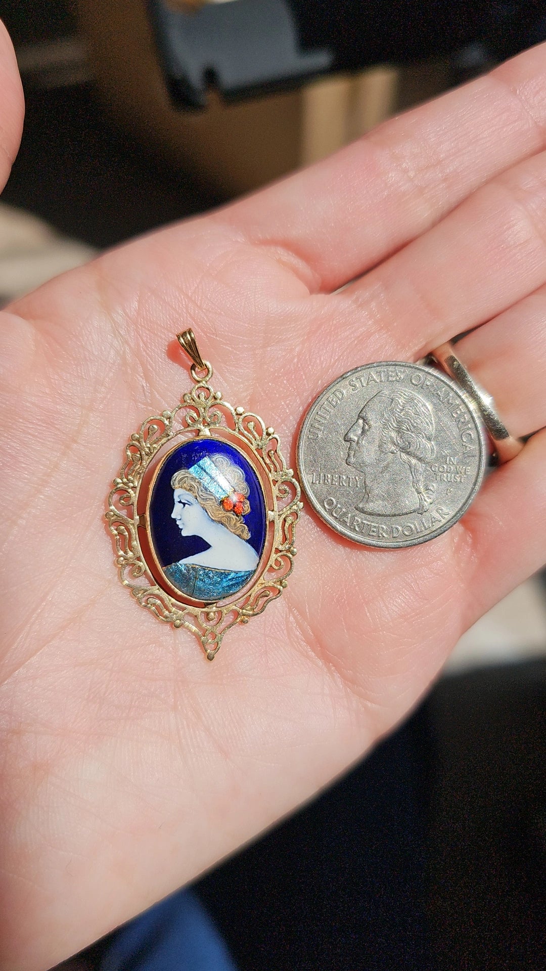 Beautiful 14k Gold Antique French Enamel Portrait Cameo Pendant (NO CHAIN)