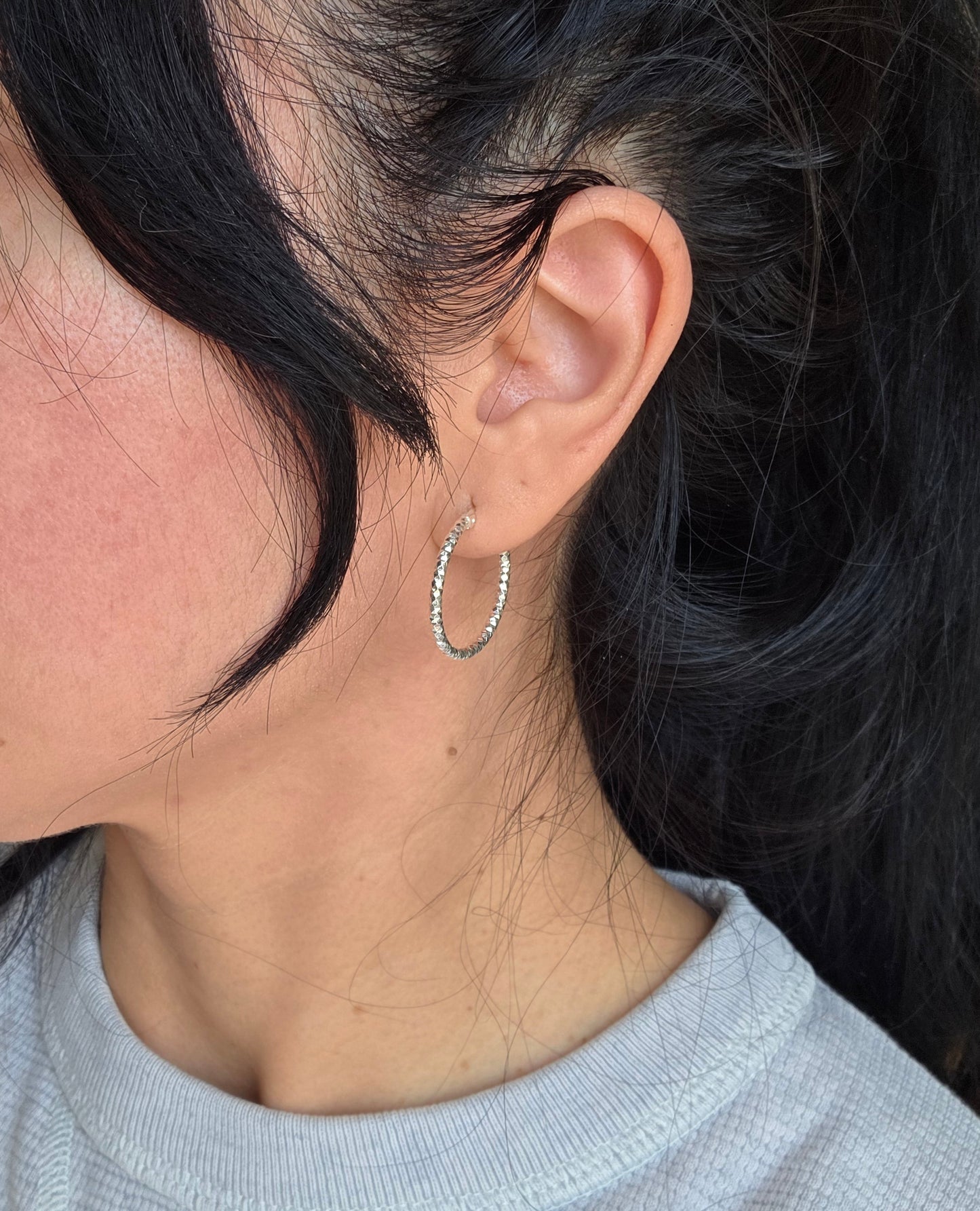 Medium 24mm Textured Sparkling Sterling Silver Hoops Earrings