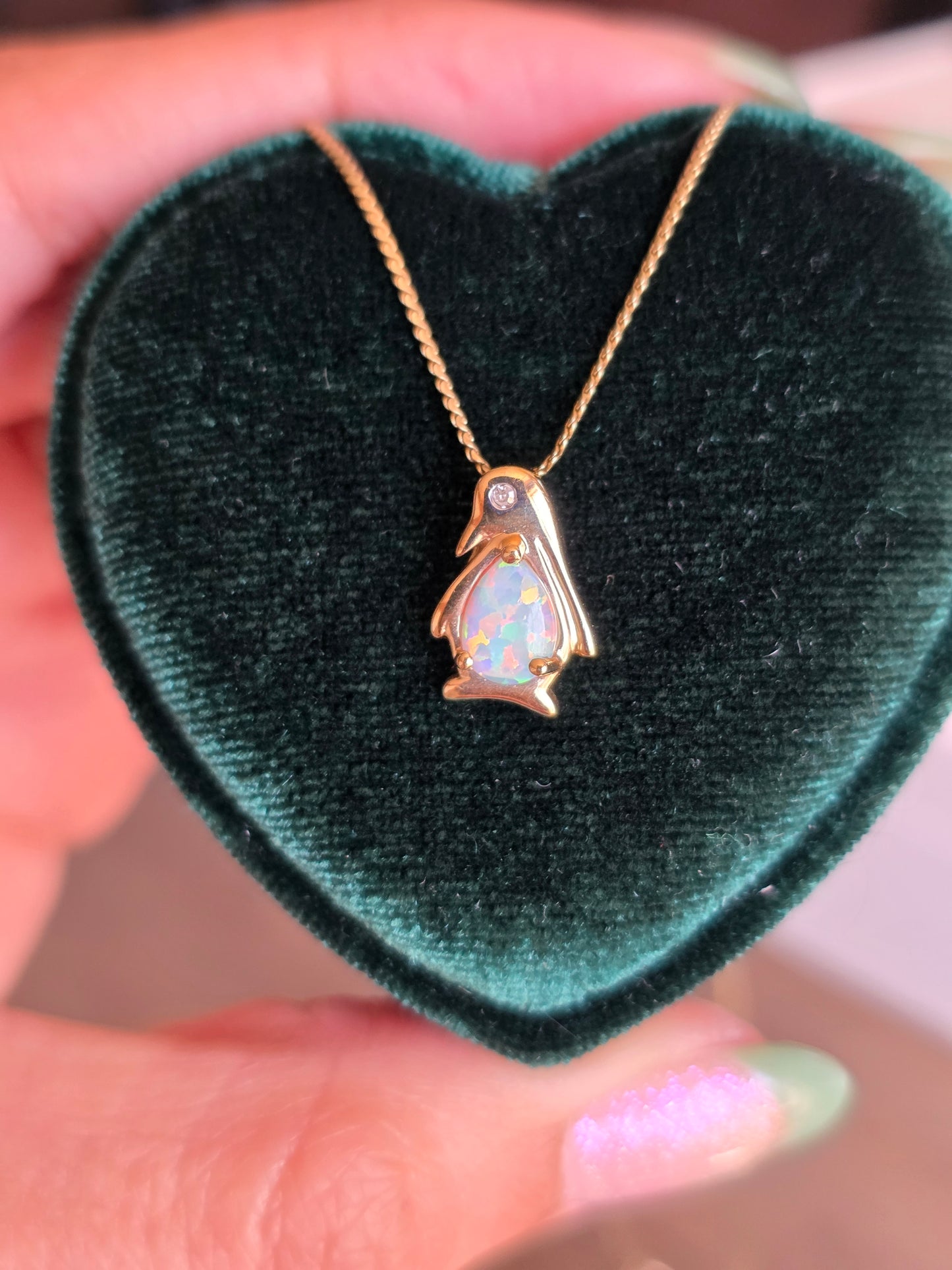Adorable 10k Gold Opal and Diamond Penguin Pendant (NO CHAIN)