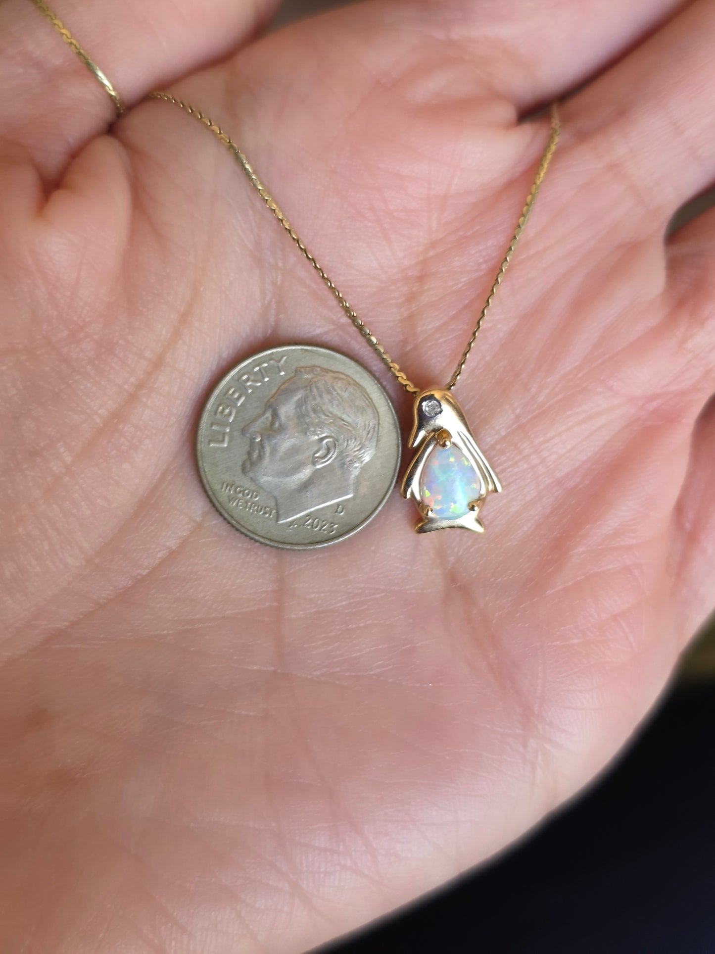 Adorable 10k Gold Opal and Diamond Penguin Pendant (NO CHAIN)