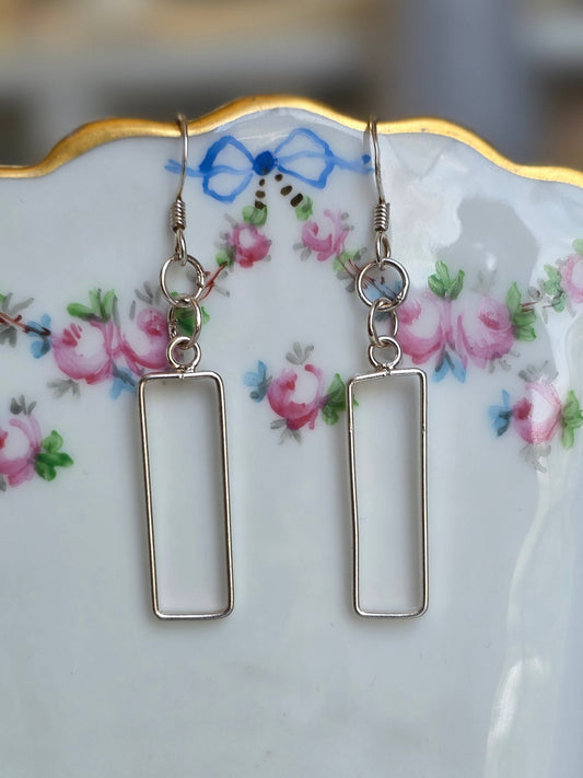 Fun Sterling Silver Rectangular Cut Out Drop Dangle Earrings