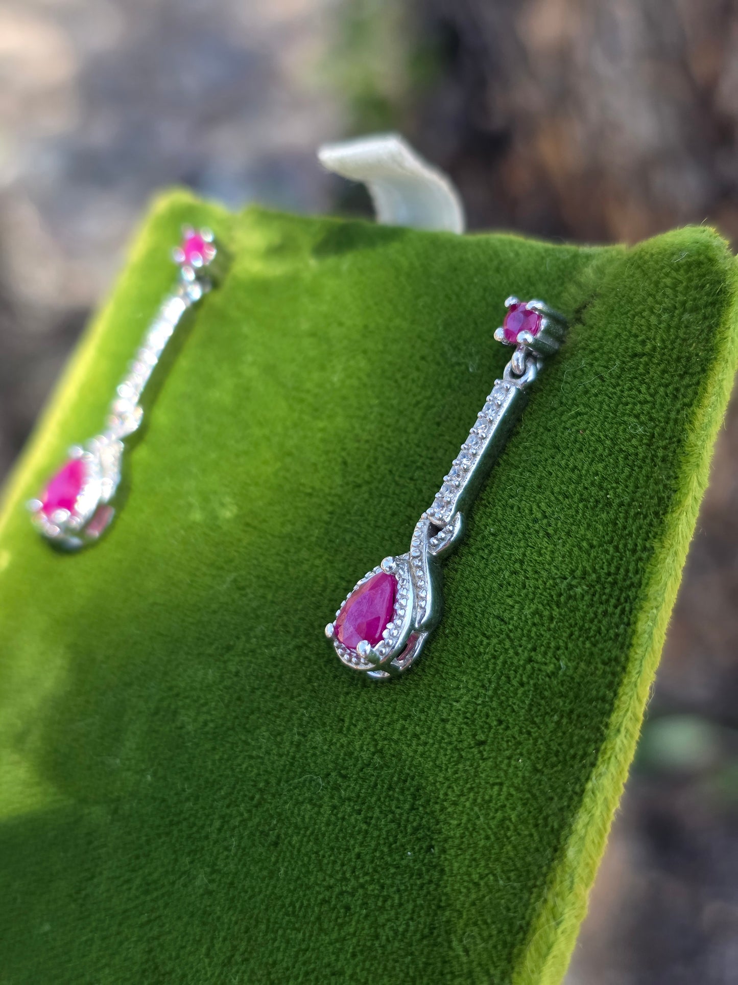 Pretty Sterling Silver .74TCW Ruby and White Topaz Drop Dangle Earrings
