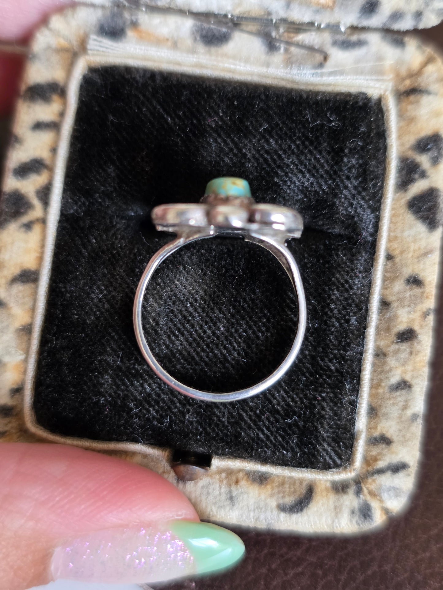 Vintage Navajo Style Signed RB Elongated Royston Turquoise Gemstone Sterling Silver Statement Ring Size 5.5
