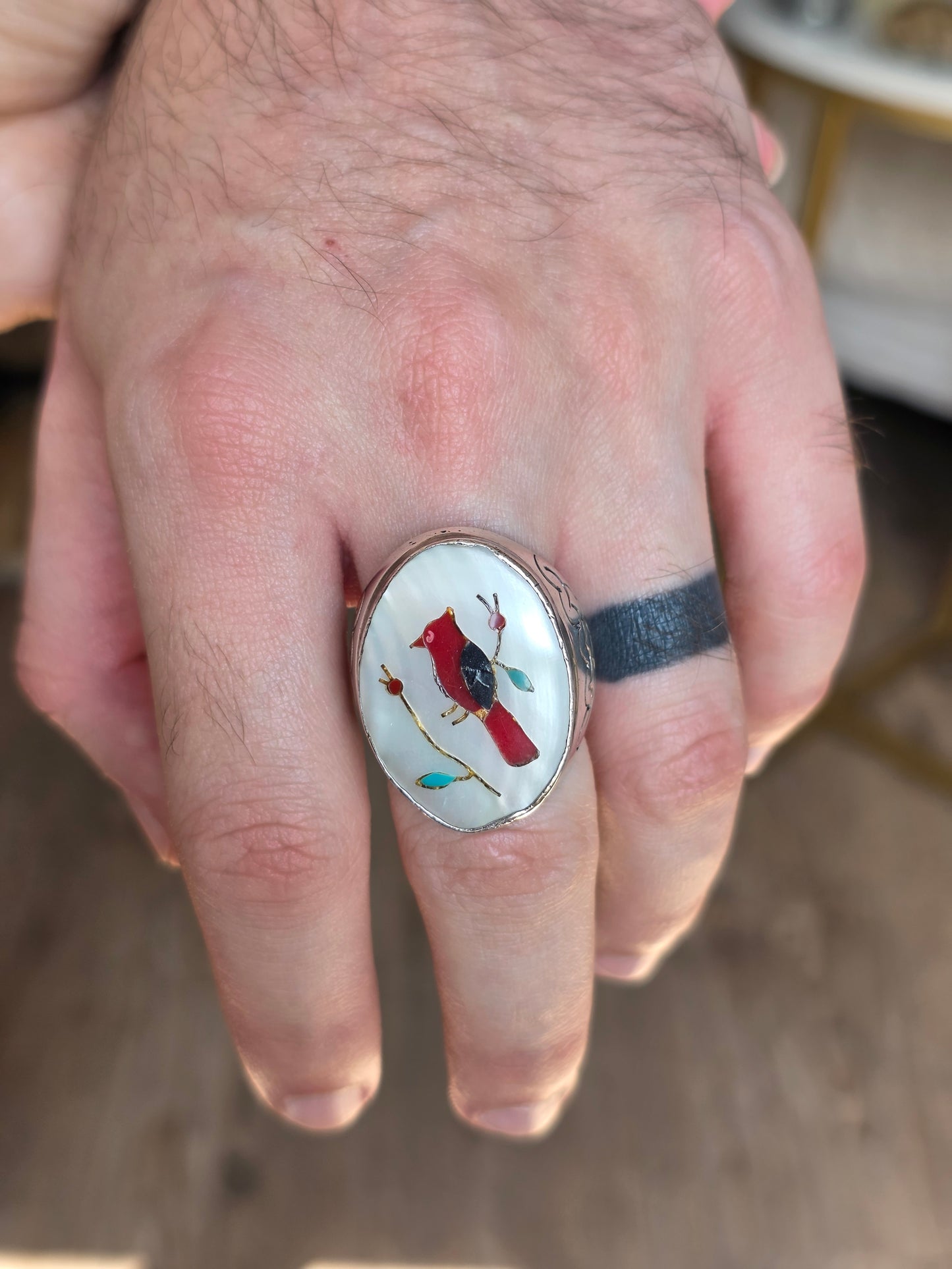 Amazing Solid Sterling Silver Heavy 1 OZ+ Gemstone Inlay Southwestern Style Bird Oval Signet Statement Ring Size 10.5