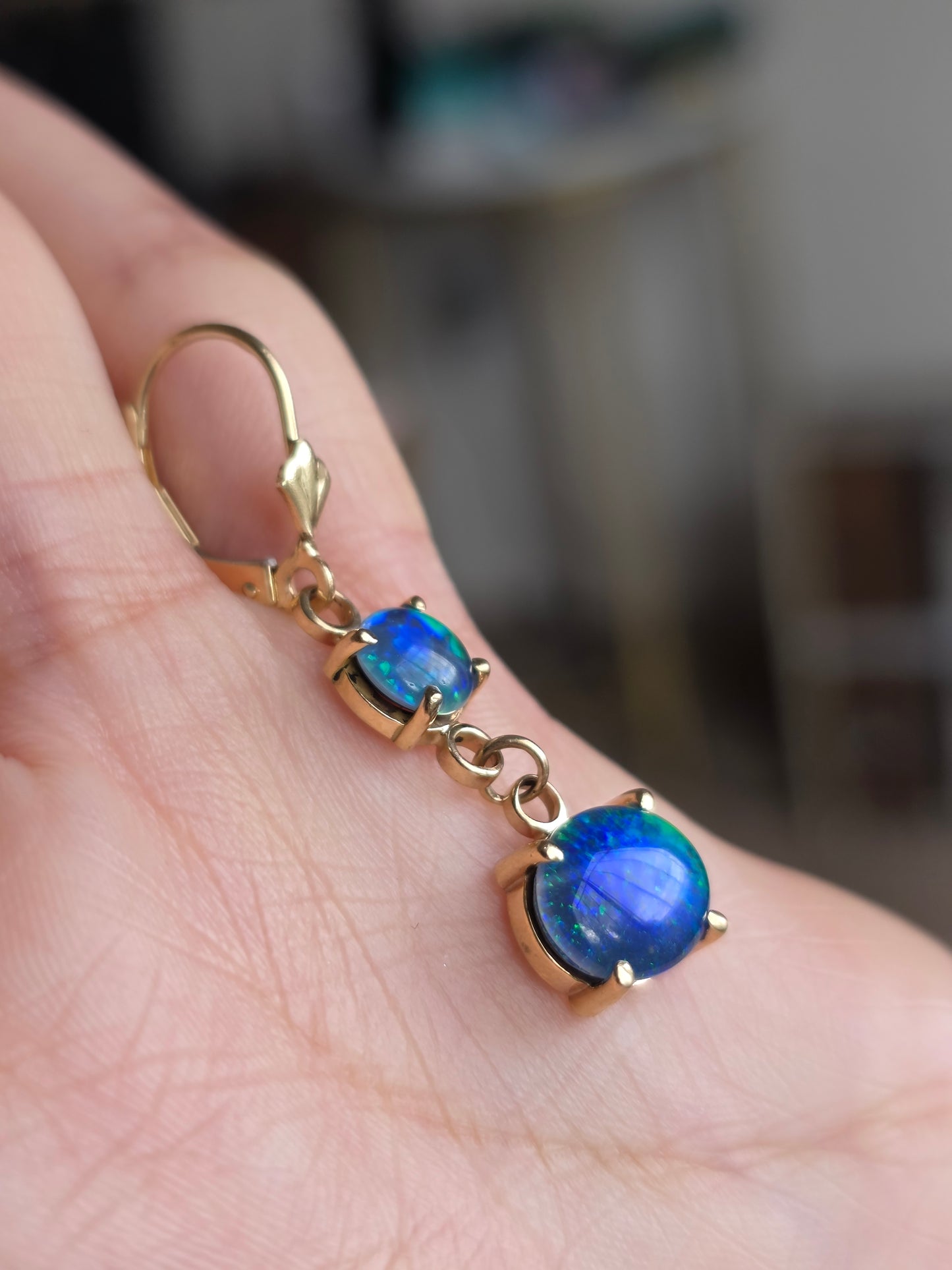 Beautiful Australian Triplet Opal Dangle 14k Gold Earrings