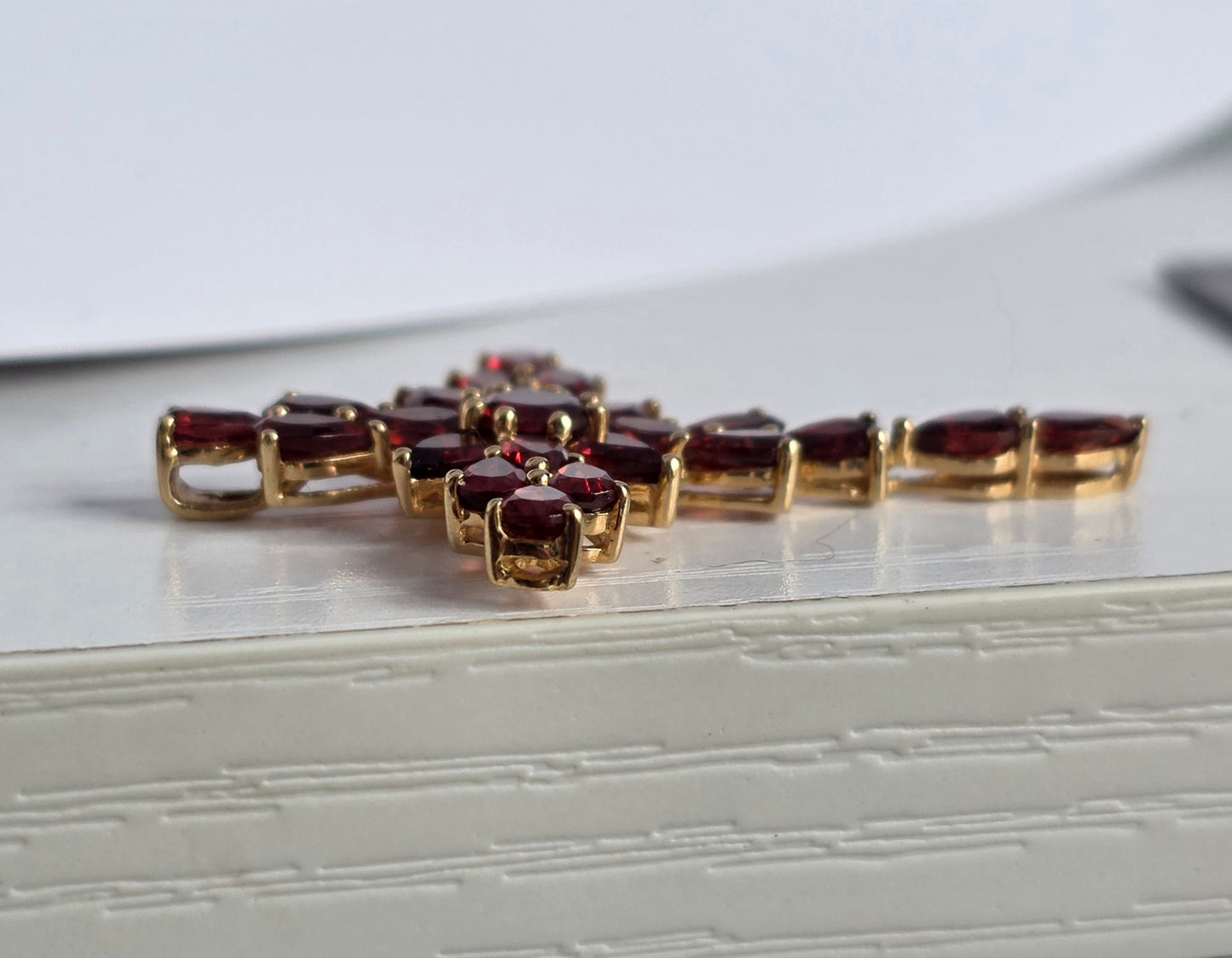 Crimson Red 10k Gold Large Garnet Cross Pendant (NO CHAIN)