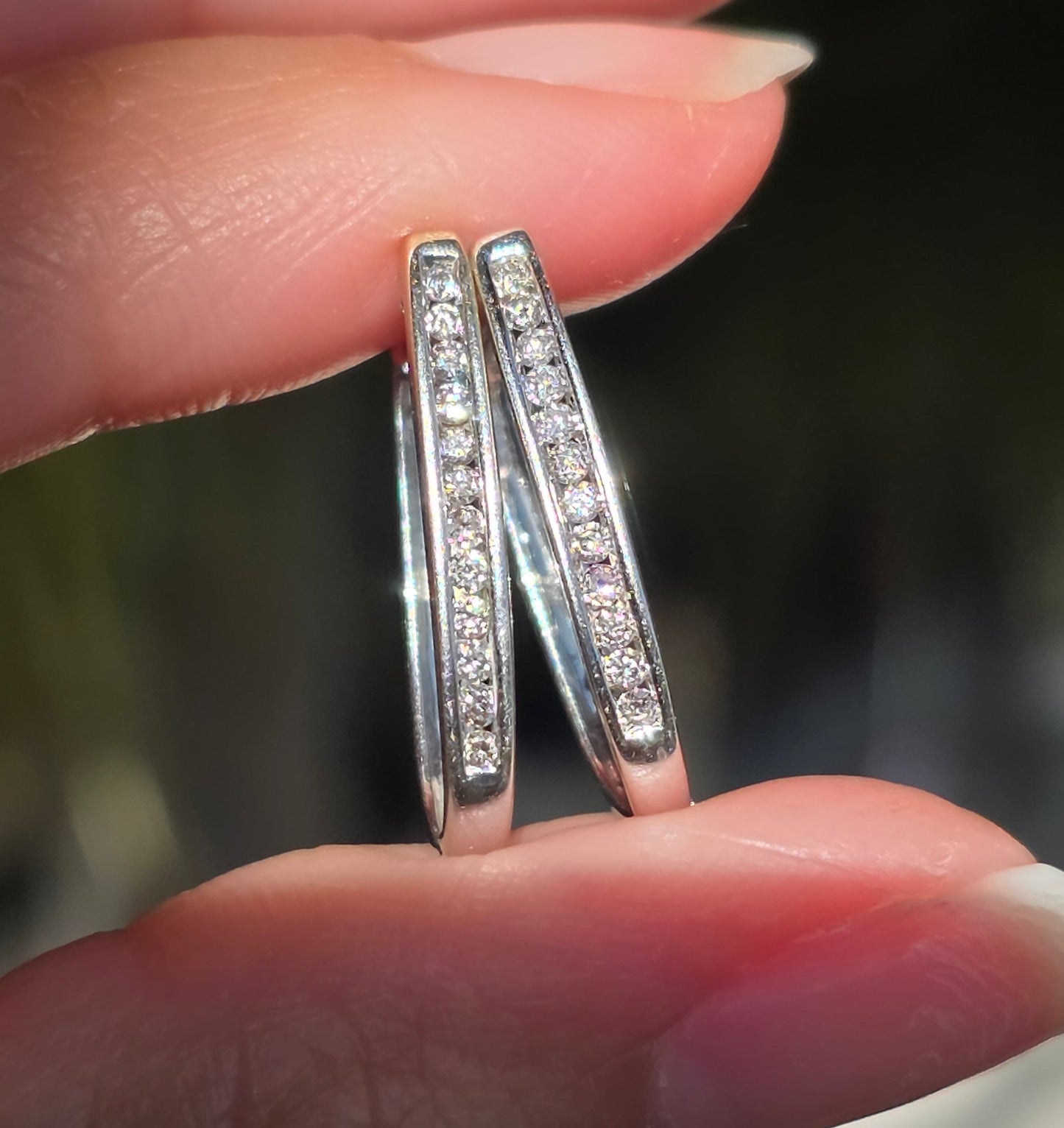 14k White Gold Channel Set Natural Diamond Hoops Earrings