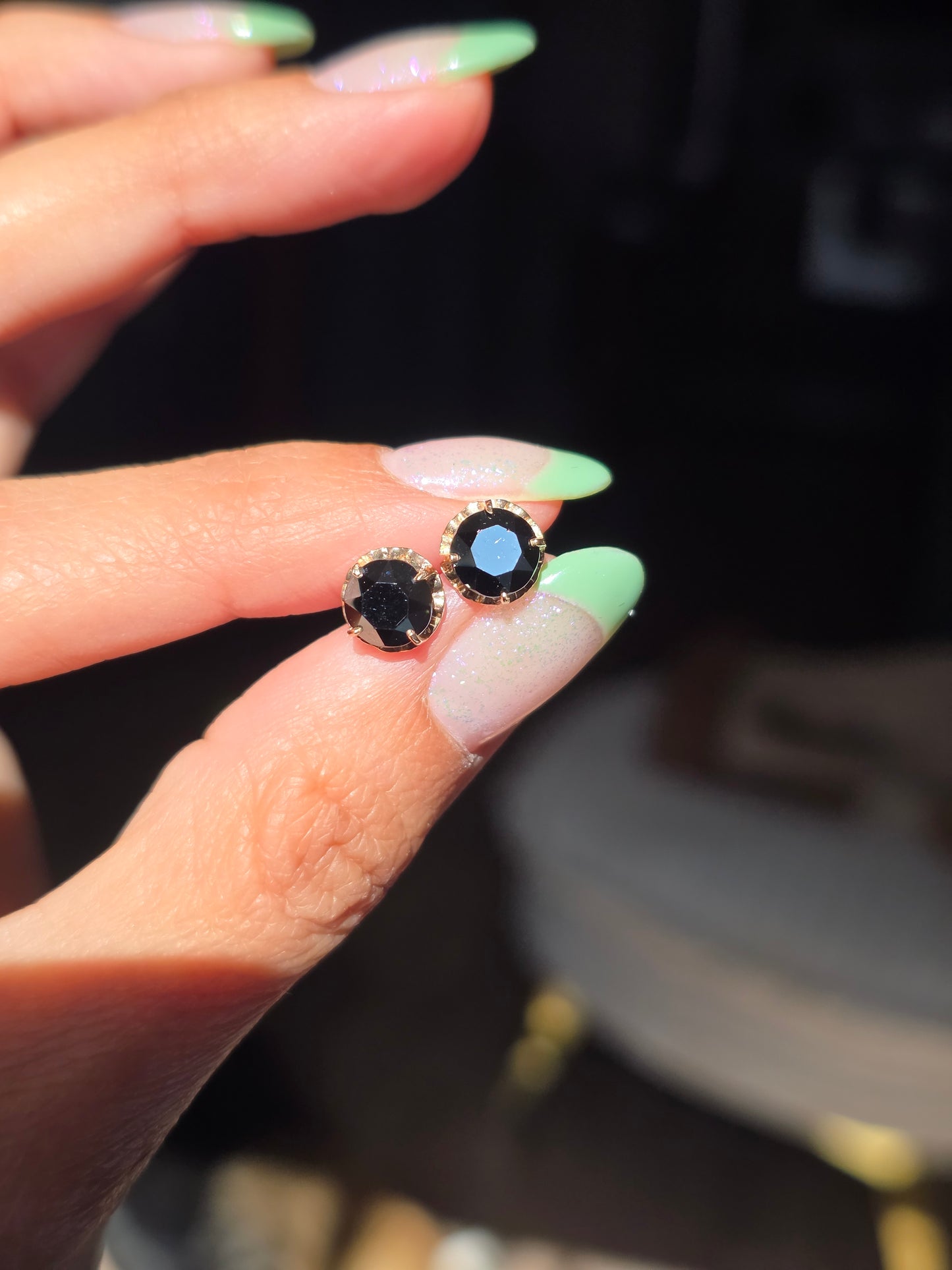 10k Gold Vintage Hematite Studs Earrings Black Faceted Gemstones