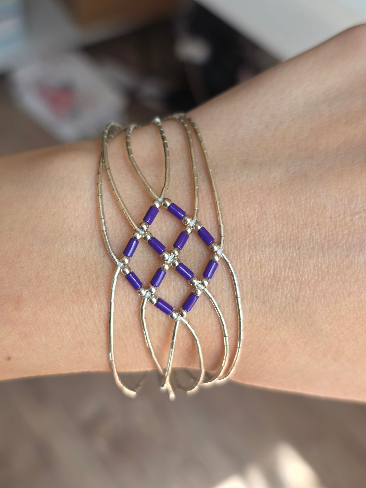 Southwestern Purple Geometric Liquid Silver 925 Sterling Multistrand Bracelet 7.25"