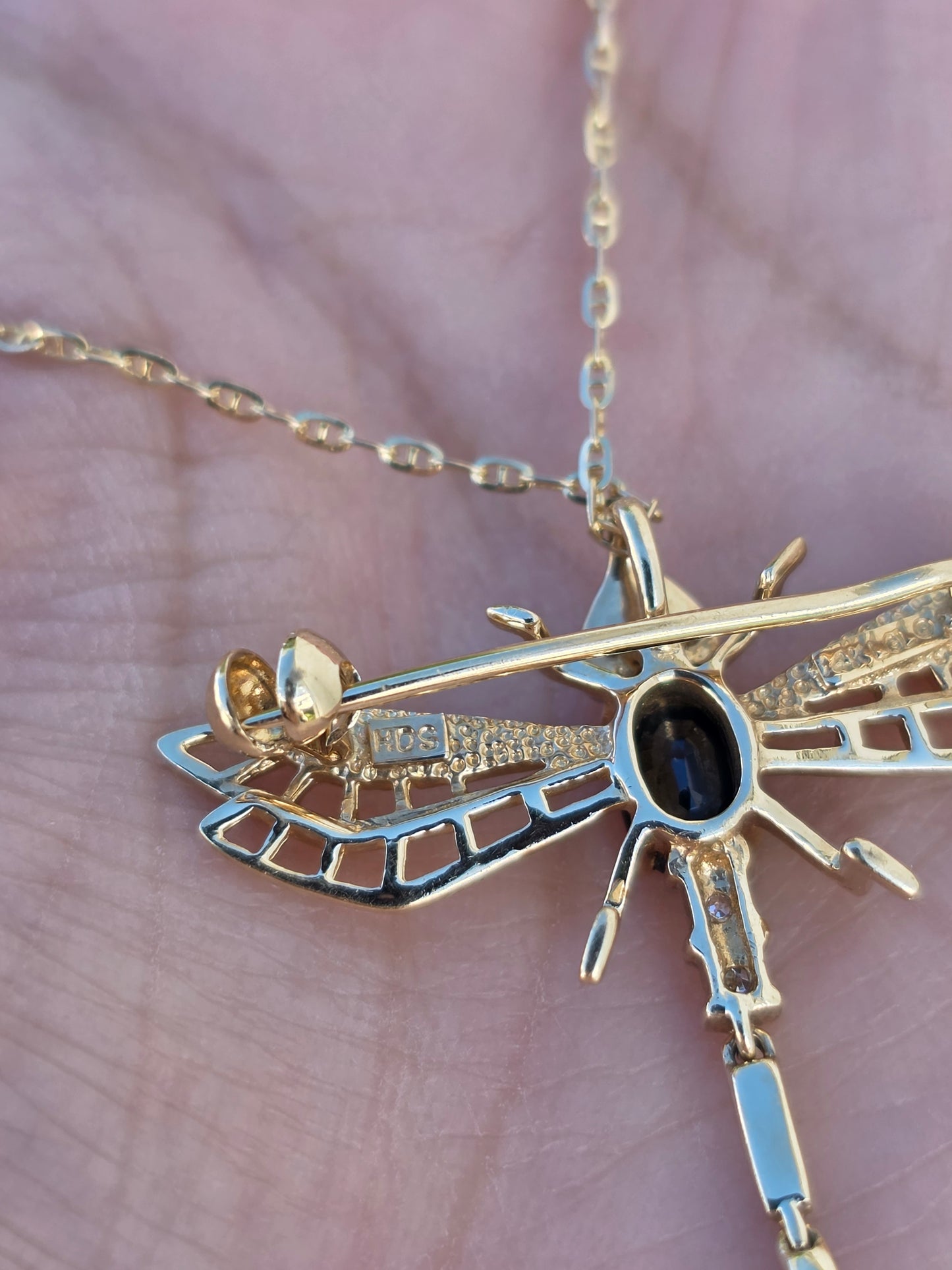 Adorable 14k Gold Sapphire and Diamond Two Toned Articulated Dragonfly Brooch/ Pendant (NO CHAIN)