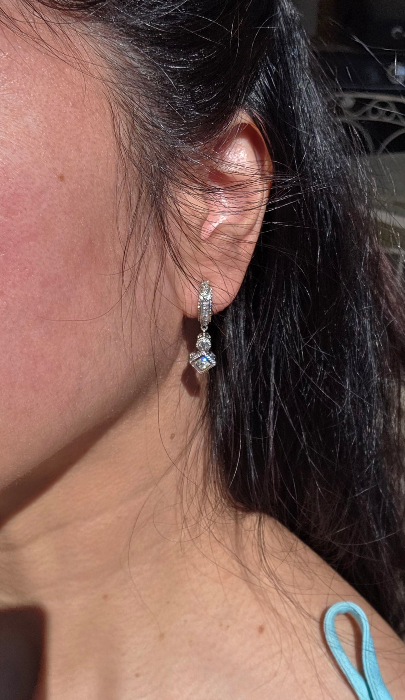 Lovely 14k White Gold Diamond Huggie Drop Dangle Geometric Earrings