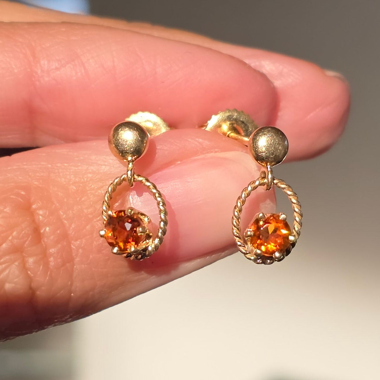 Sweet 14k Gold Citrine Rope Border Dainty Dangle Earrings November Birthstone