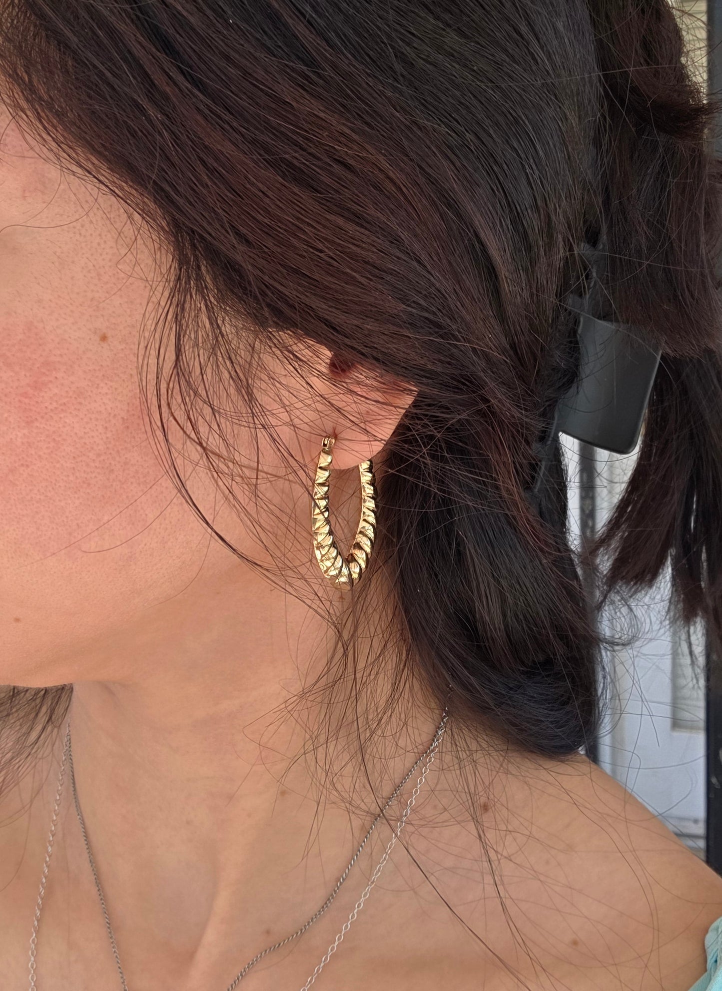 14k Croissant / Shrimp Style Elongated Hollow Statement Hoops Earrings