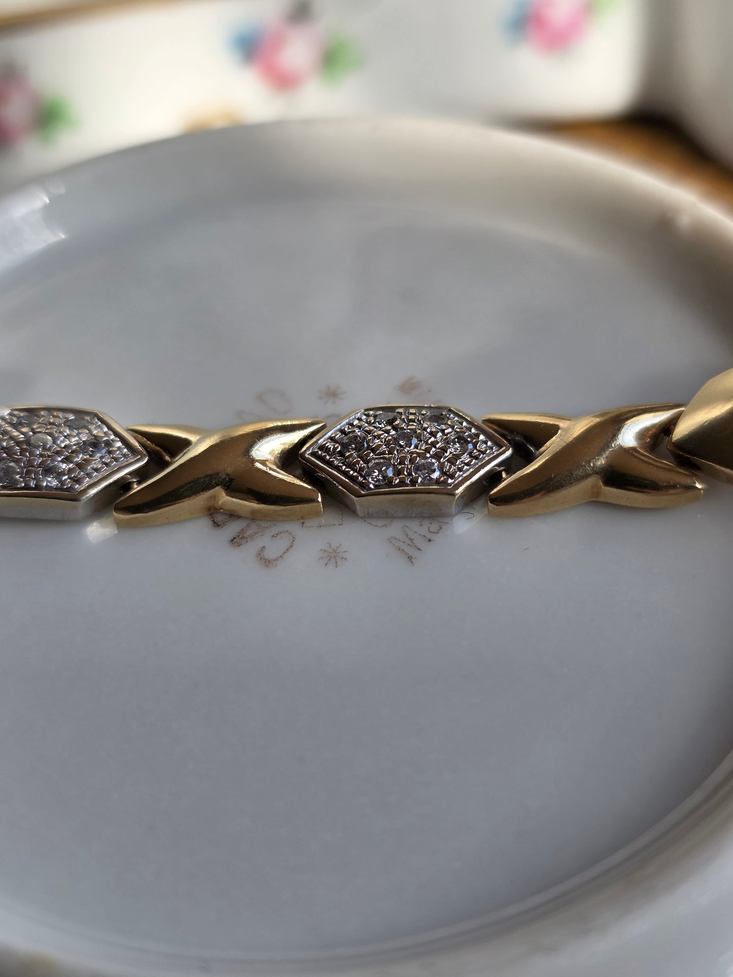 Amazing Two Toned 14k X Link Elongated Hexagon White Gold and Diamond Bracelet 7.5"