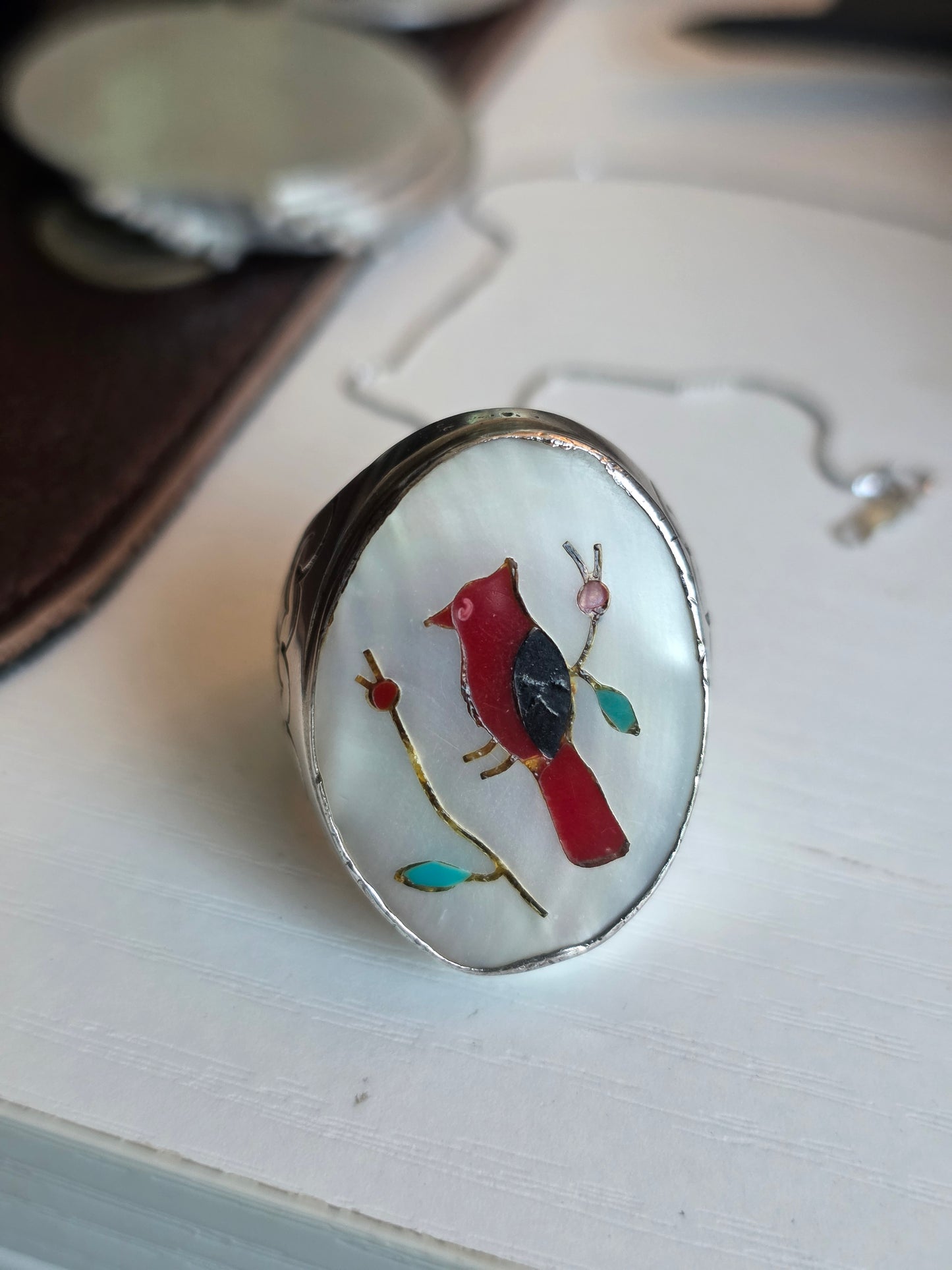 Amazing Solid Sterling Silver Heavy 1 OZ+ Gemstone Inlay Southwestern Style Bird Oval Signet Statement Ring Size 10.5
